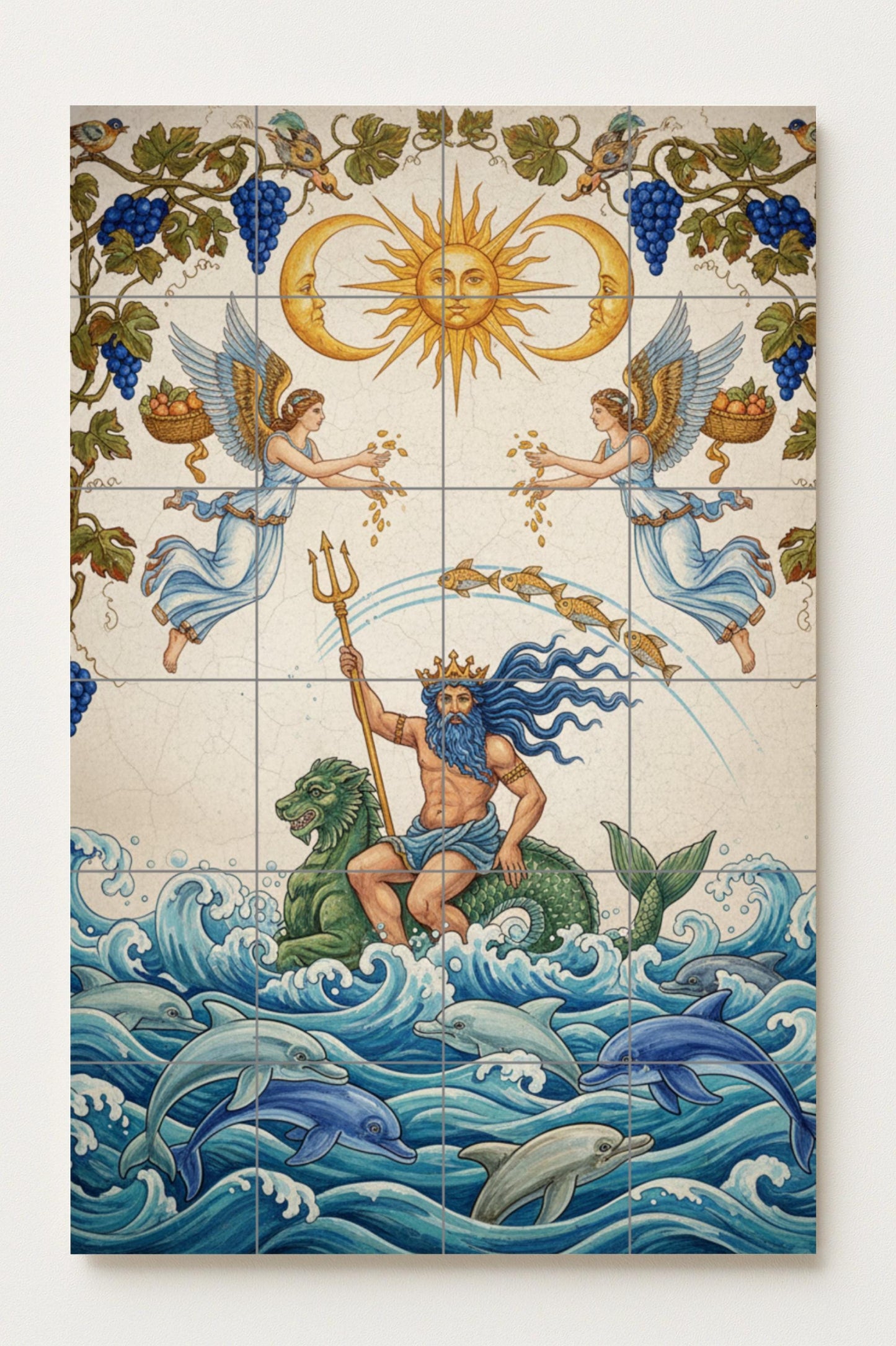 The Lord of the Waves – Mythological ceramic mural with Neptune, dolphins and the Celestial Sun / Mediterranean Ocean mural art