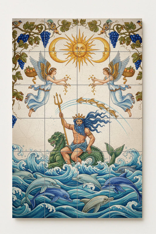 The Lord of the Waves – Mythological ceramic mural with Neptune, dolphins and the Celestial Sun / Mediterranean Ocean mural art