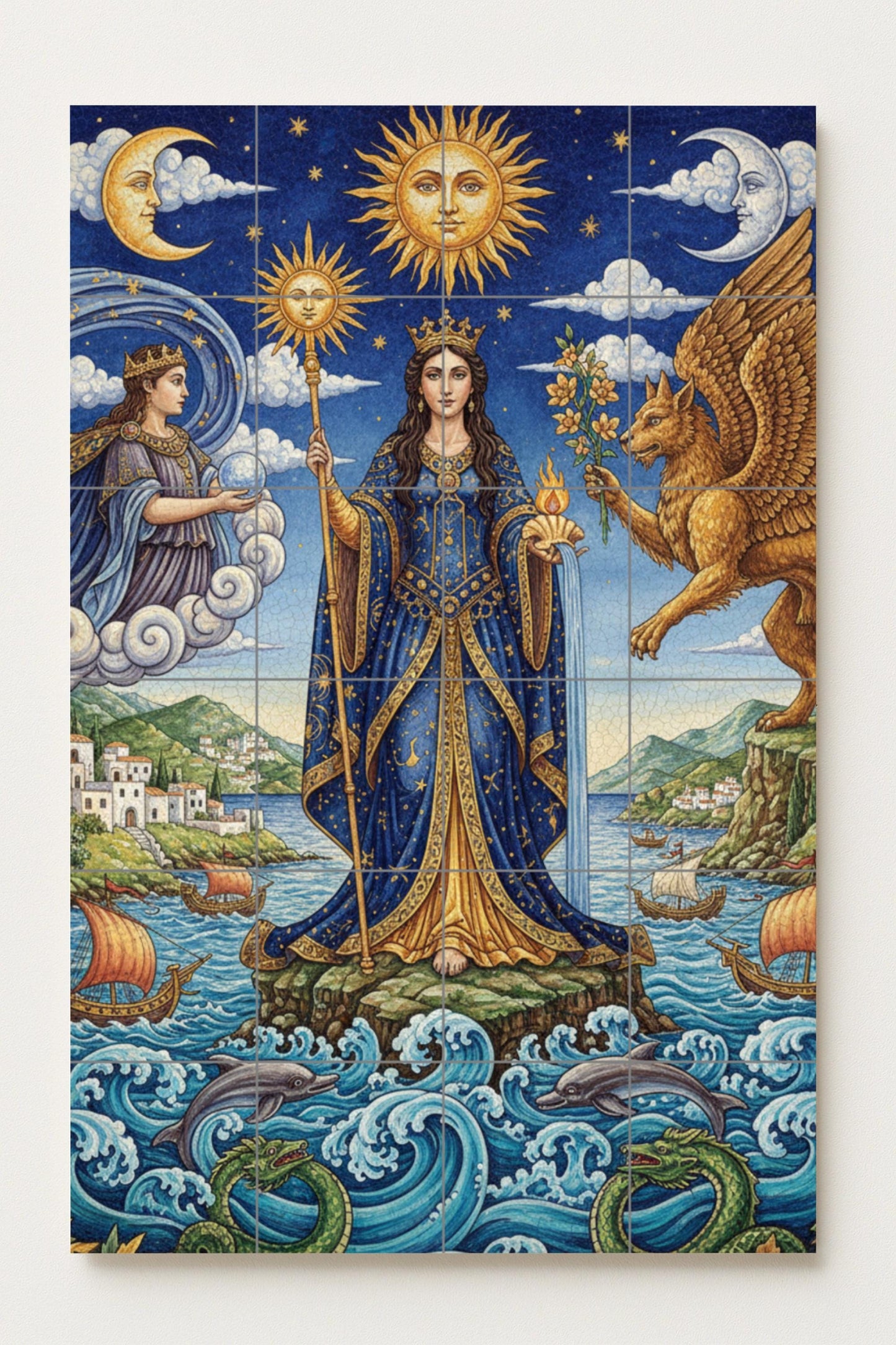 Queen of the Sun and the Sea – Mythological ceramic mural with goddess, griffin and celestial symbols / Mediterranean artistic mural art