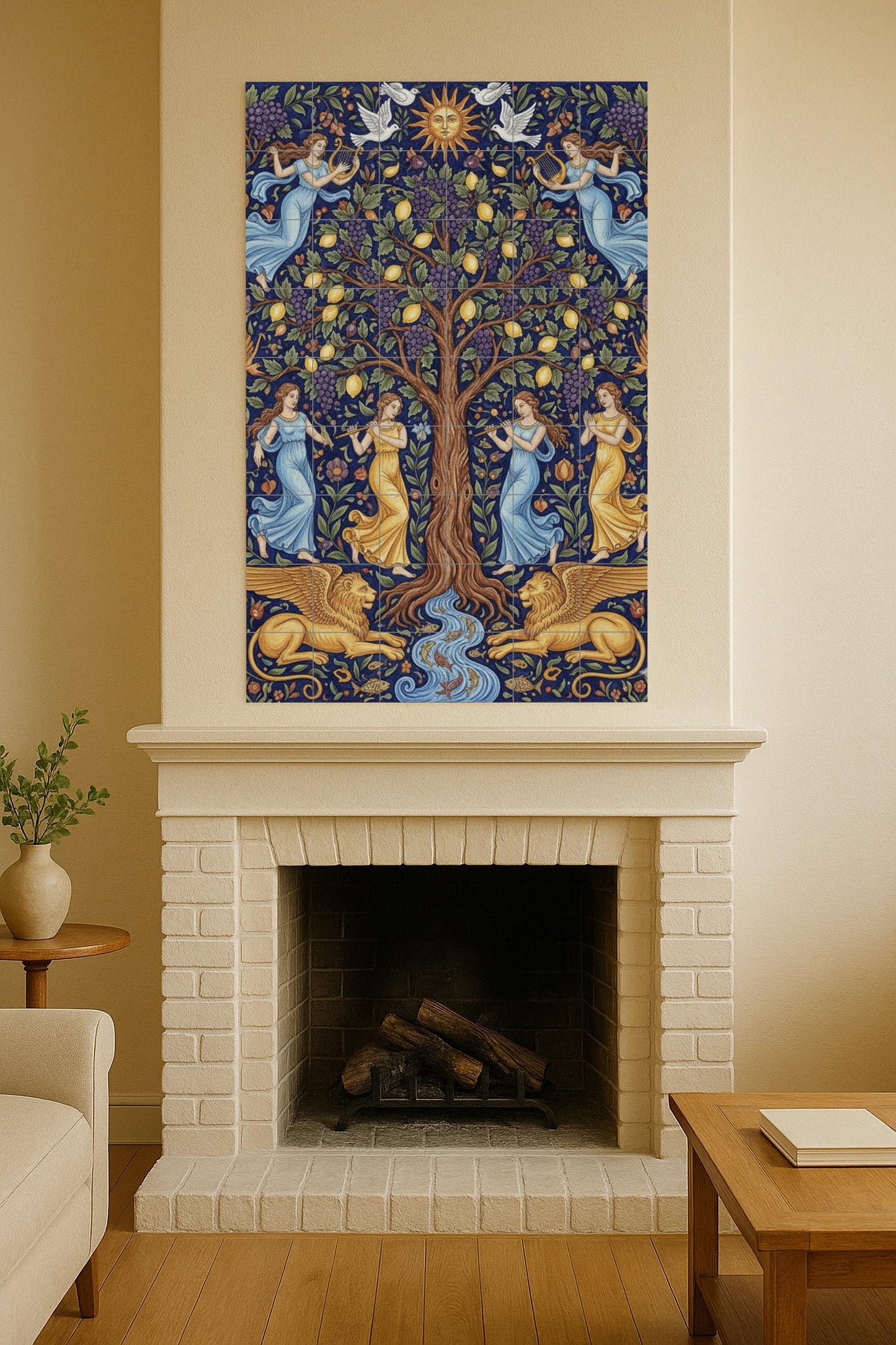 Tree of Life – Renaissance ceramic mural with angels, griffins and solar symbol / Artistic tiles inspired by nature and myth