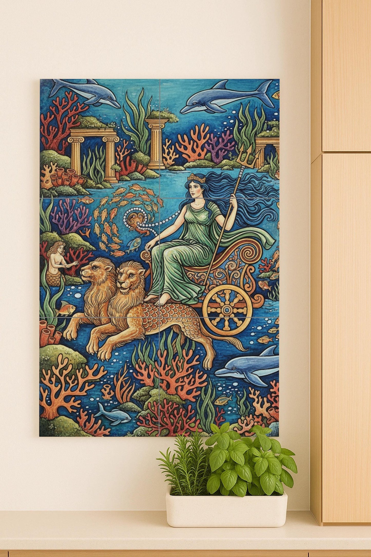 Ceramic mural of Amphitrite, goddess of the sea / Greek mythology tile panel / Mediterranean wall decoration handmade in Spain