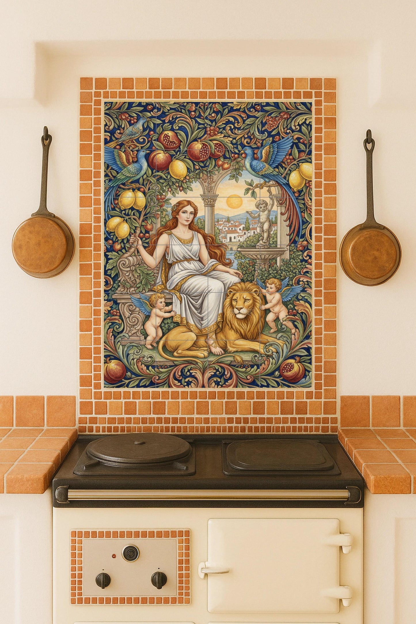 Ceramic mural of the Goddess of Harmony, Greek myth, classic tile panel, Mediterranean wall decoration, handmade in Spain.