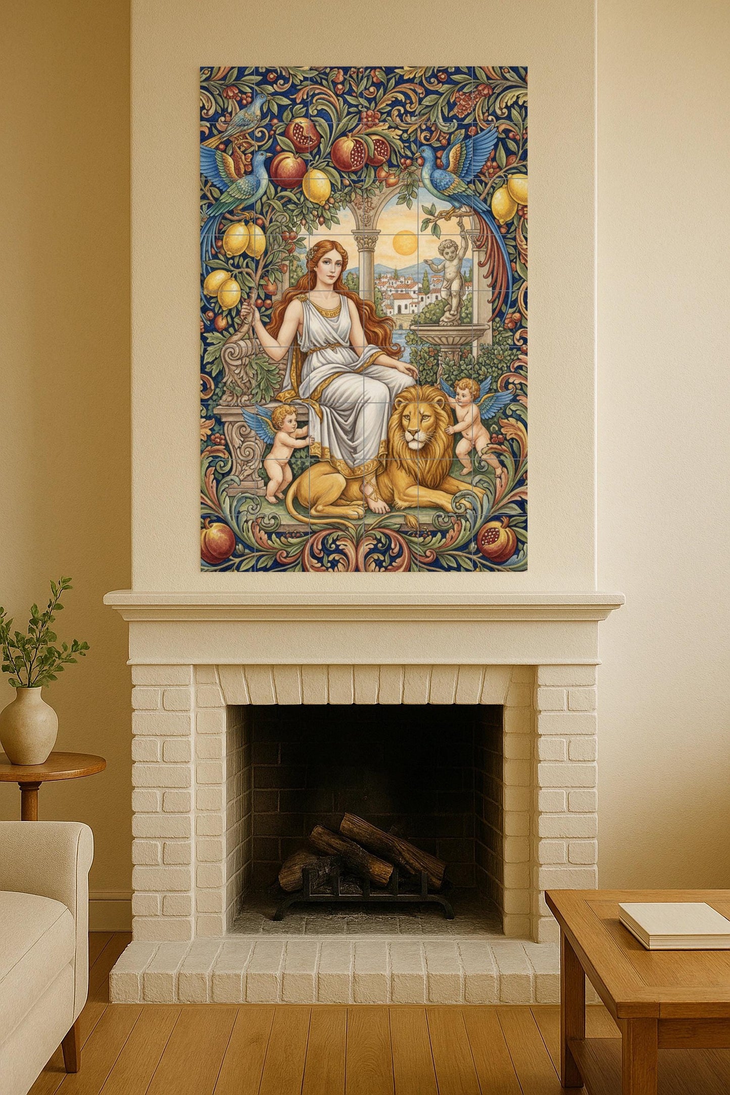 Ceramic mural of the Goddess of Harmony, Greek myth, classic tile panel, Mediterranean wall decoration, handmade in Spain.