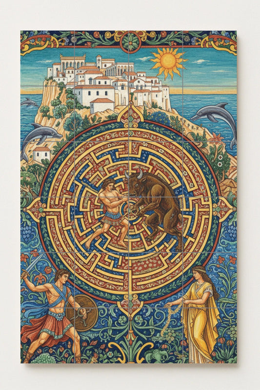 Theseus and the Minotaur – Ceramic mural from Greek mythology / Labyrinthine tile panel / Mediterranean wall decoration. Handmade in Spain.