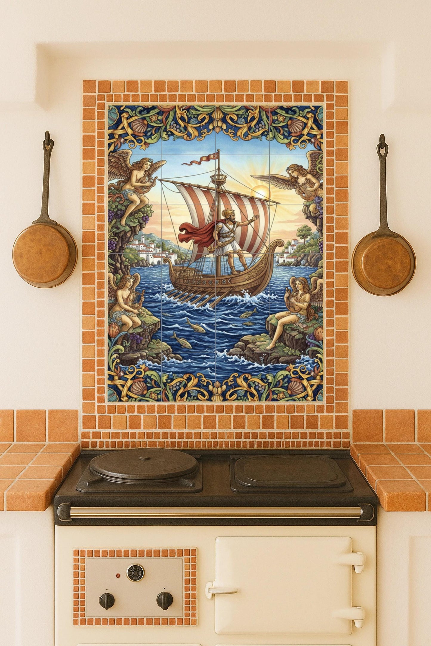 Odysseus and the Sirens – Classic Greek Ceramic Mural / Mythological Tile Panel / Handmade Mediterranean Wall Decor from Spain