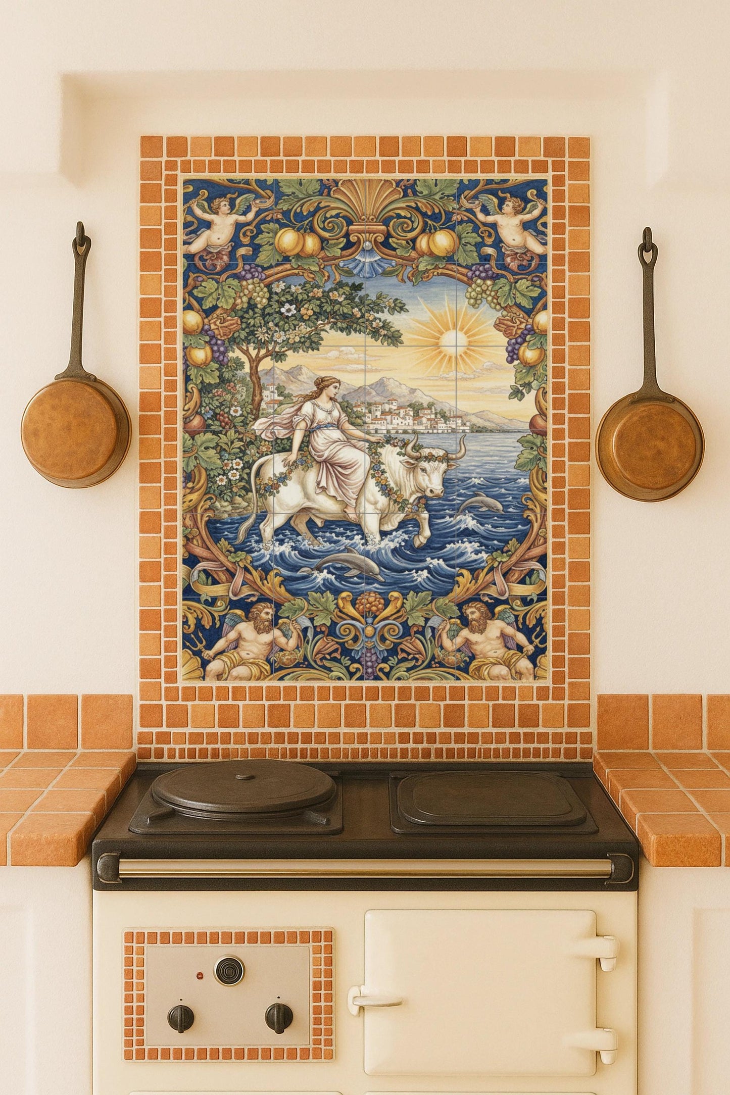 Ceramic mural of The Rape of Europa, Greek myth, classic tile panel, Mediterranean wall decoration, handmade in Spain.