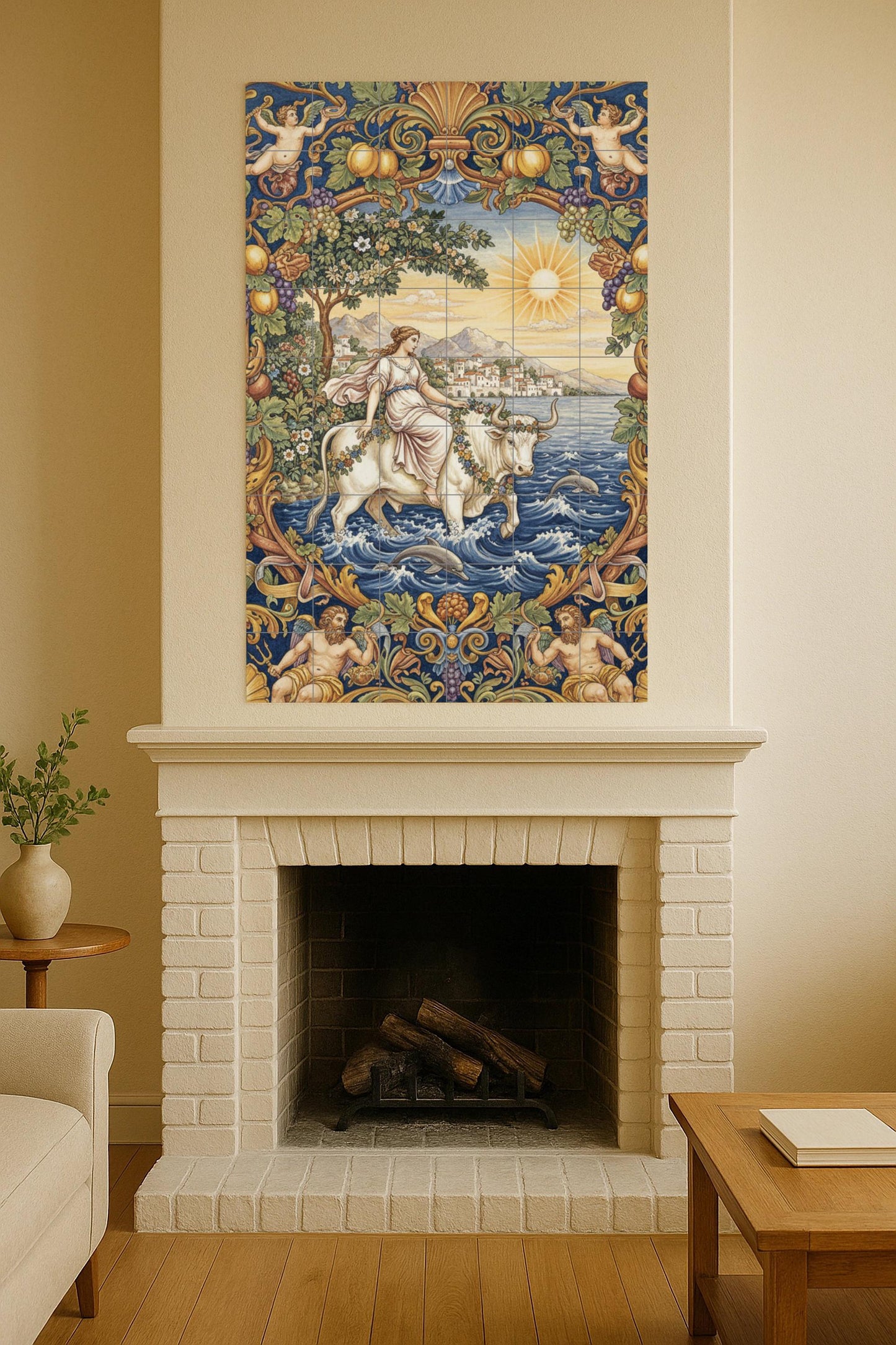 Ceramic mural of The Rape of Europa, Greek myth, classic tile panel, Mediterranean wall decoration, handmade in Spain.