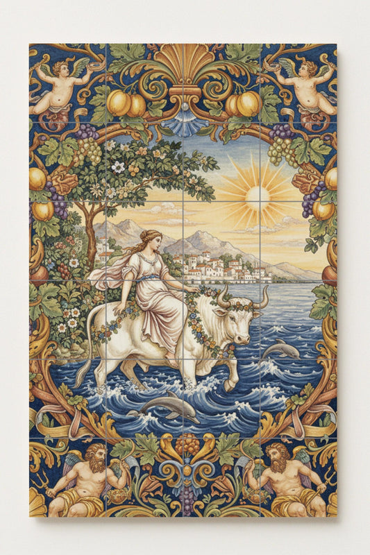 Ceramic mural of The Rape of Europa, Greek myth, classic tile panel, Mediterranean wall decoration, handmade in Spain.