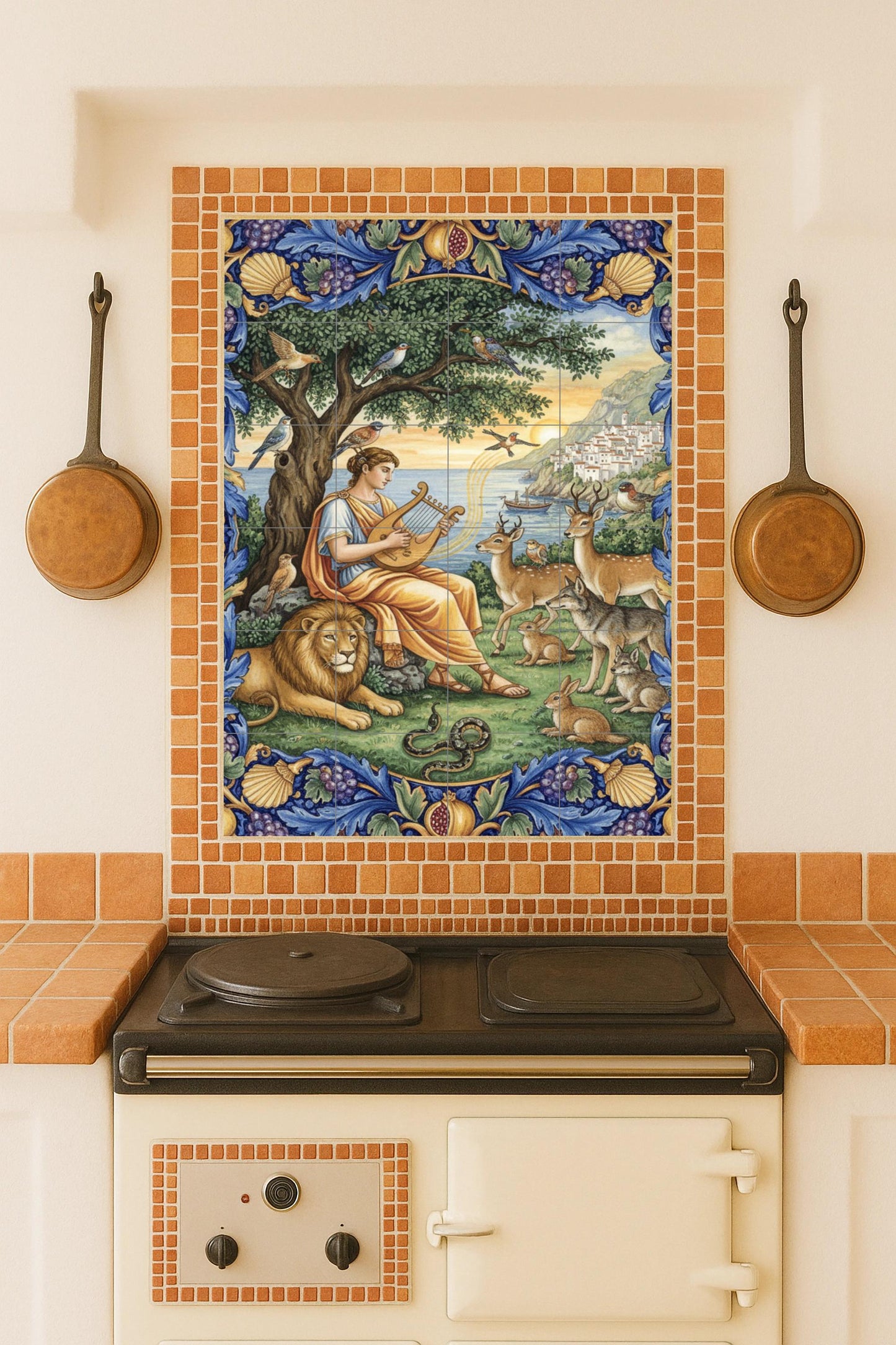 Orpheus and the Animals – Ceramic mural of Greek mythology / Classic tile panel / Mediterranean nature decoration. Handmade in Spain.