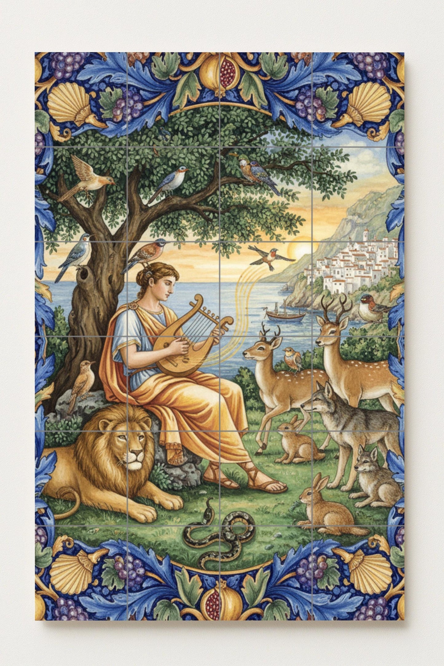 Orpheus and the Animals – Ceramic mural of Greek mythology / Classic tile panel / Mediterranean nature decoration. Handmade in Spain.