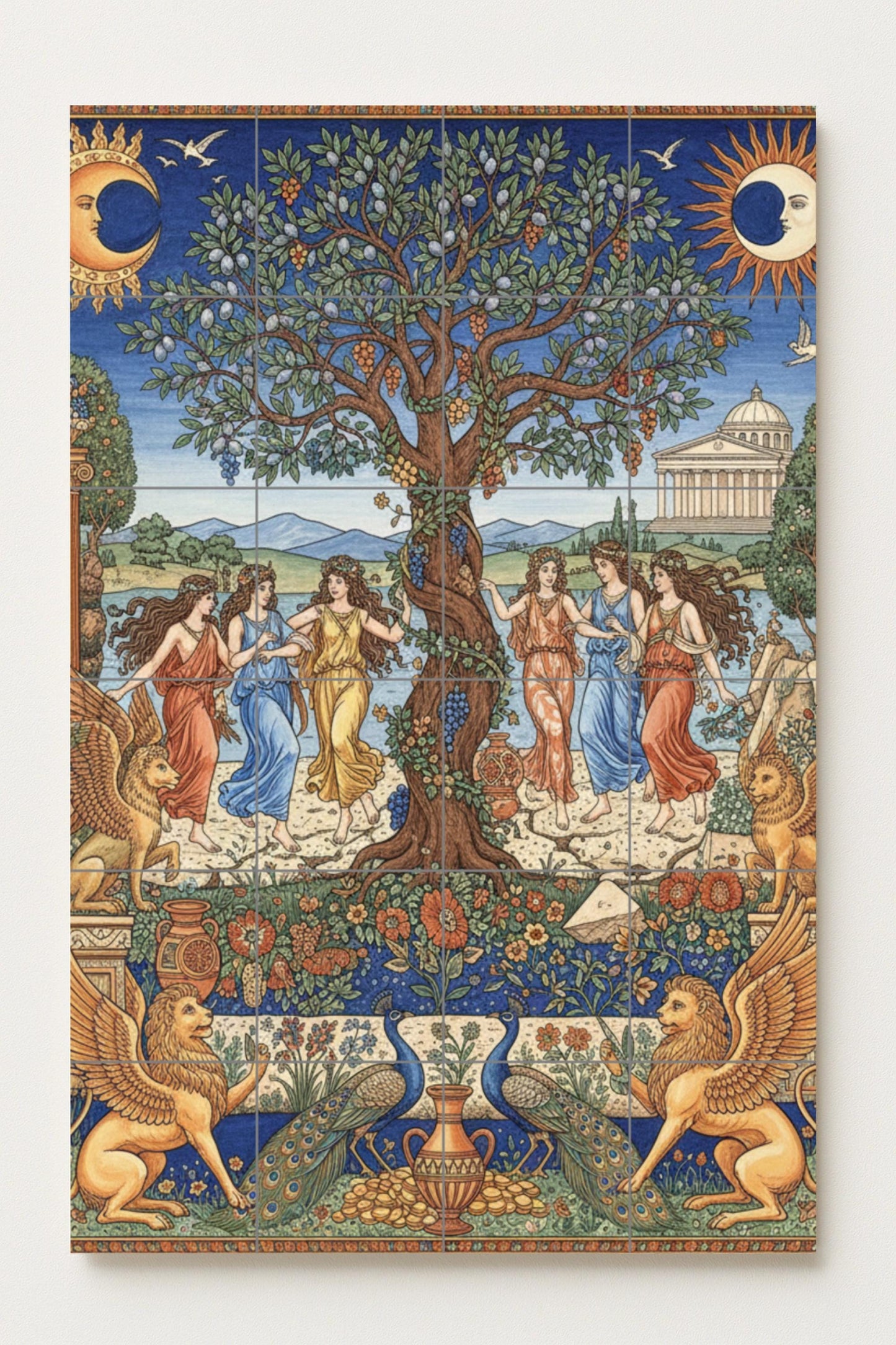 The Garden of the Hesperides – Ceramic mural of Greek mythology / Classic tile panel / Mediterranean wall decoration handmade in Spain