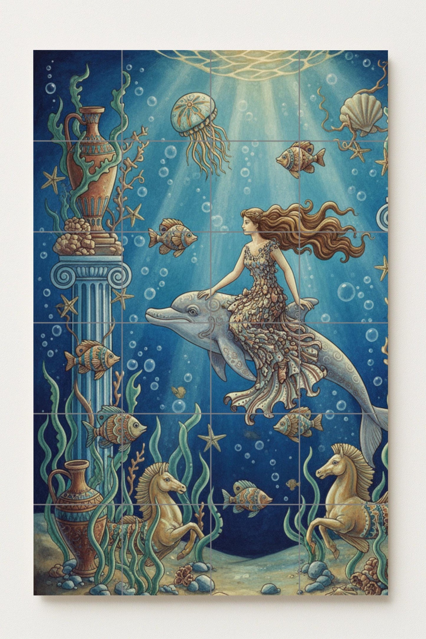 Ceramic mural "Ocean Goddess and Dolphin" / Tile panel with underwater myths / Mediterranean bathroom decoration handmade in Spain
