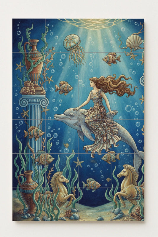 Ceramic mural "Ocean Goddess and Dolphin" / Tile panel with underwater myths / Mediterranean bathroom decoration handmade in Spain