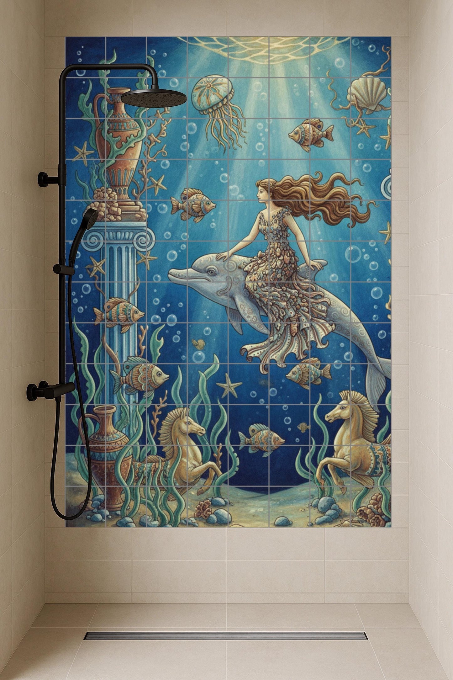 Ceramic mural "Ocean Goddess and Dolphin" / Tile panel with underwater myths / Mediterranean bathroom decoration handmade in Spain