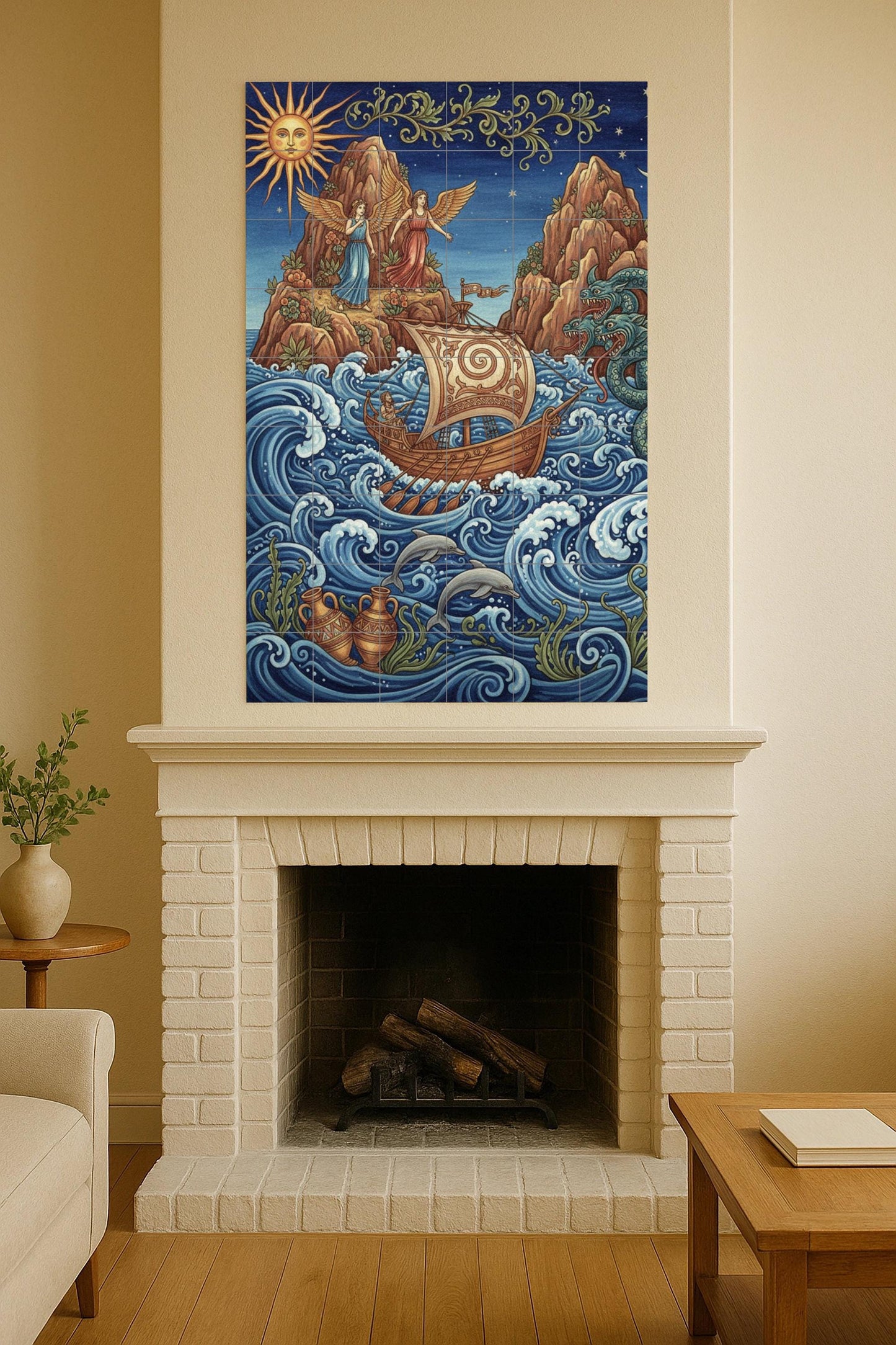 Ceramic mural of Odysseus and the Sirens, Greek myth, nautical panel, Mediterranean decoration, handmade in Spain.