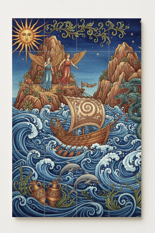 Ceramic mural of Odysseus and the Sirens, Greek myth, nautical panel, Mediterranean decoration, handmade in Spain.