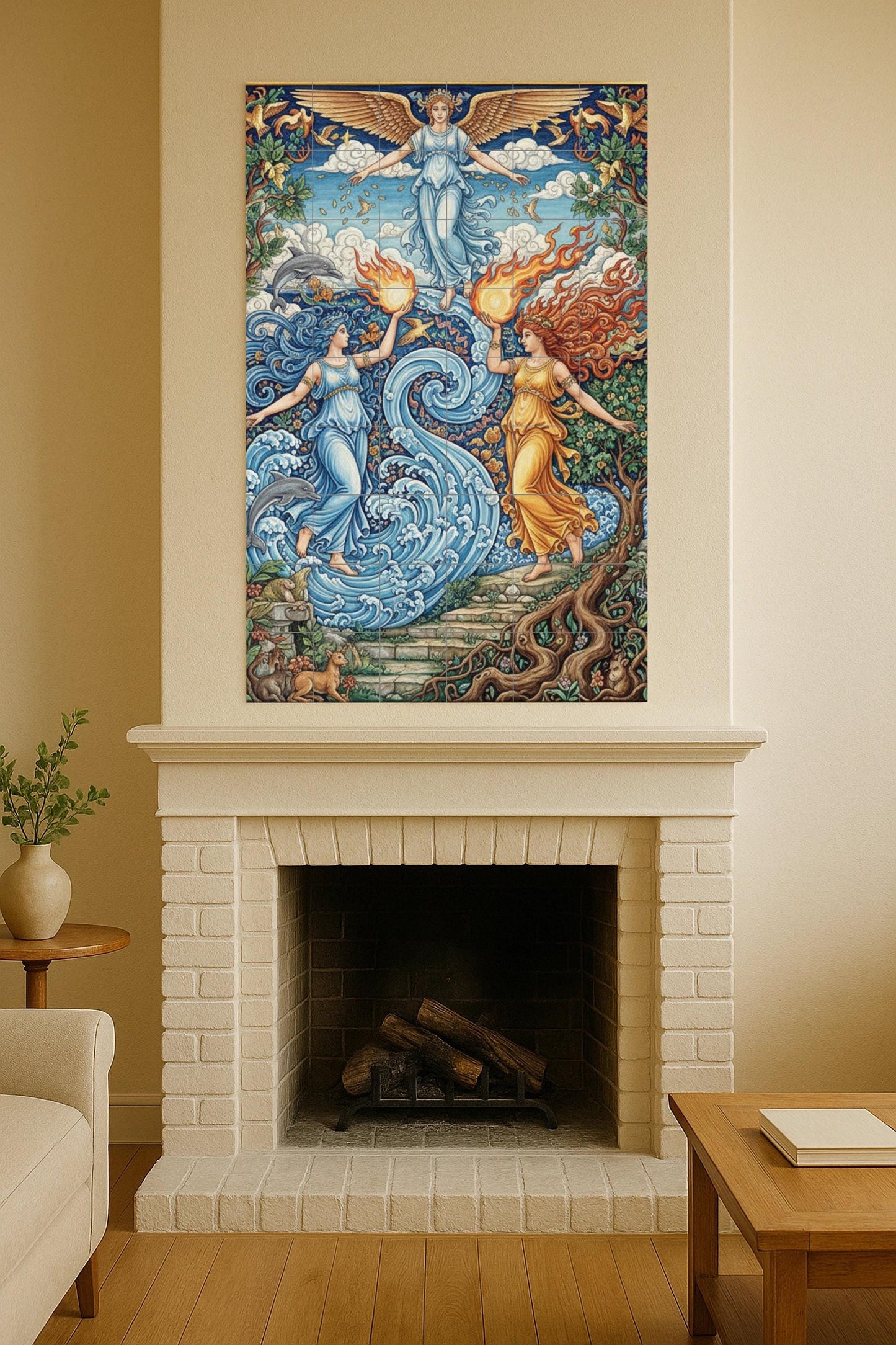 Allegory of the Elements – Ceramic Mural / Tile Panel of Goddesses of Fire and Water / Mythological Ceramic Decoration Handmade in Spain