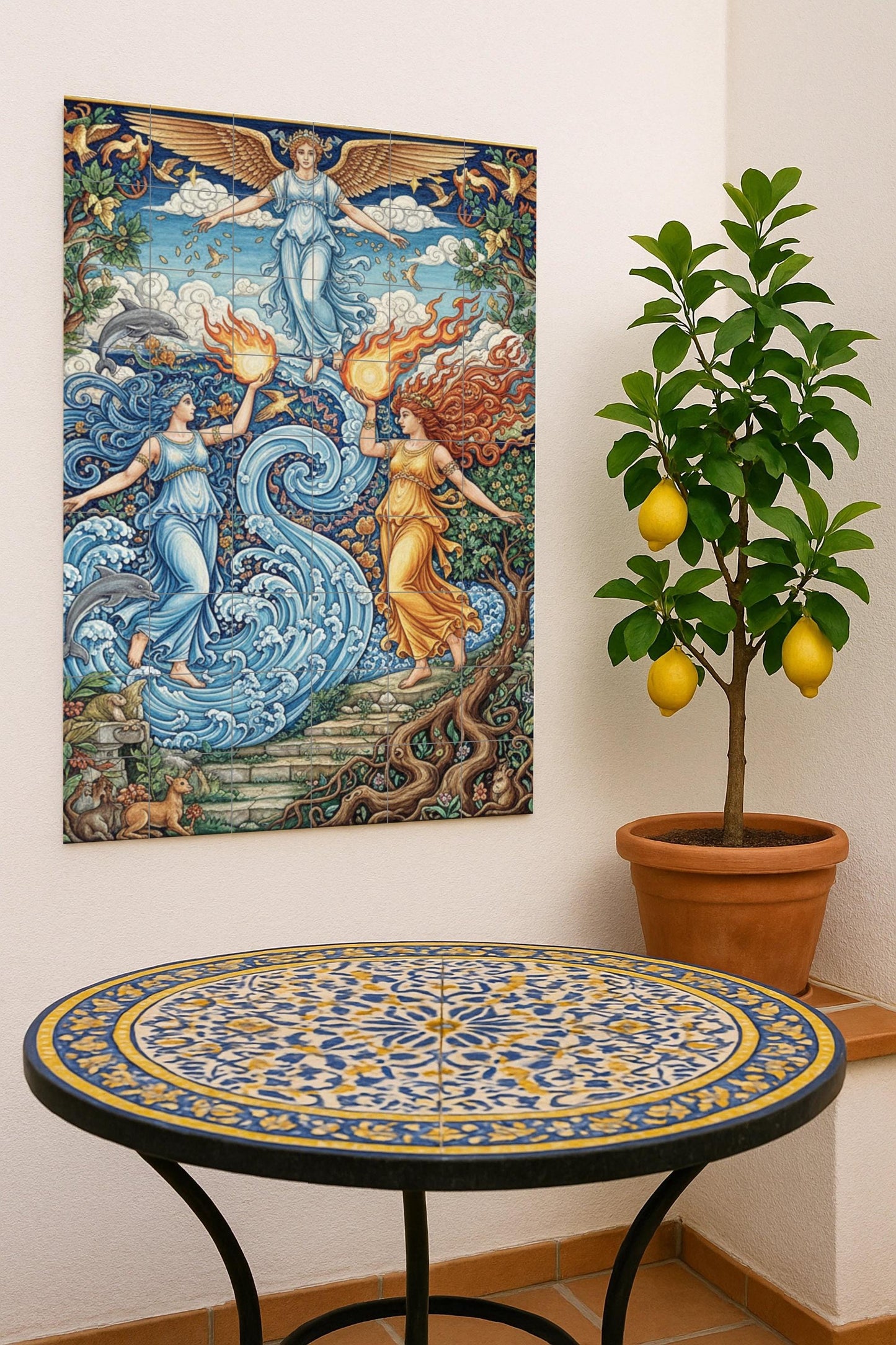 Allegory of the Elements – Ceramic Mural / Tile Panel of Goddesses of Fire and Water / Mythological Ceramic Decoration Handmade in Spain