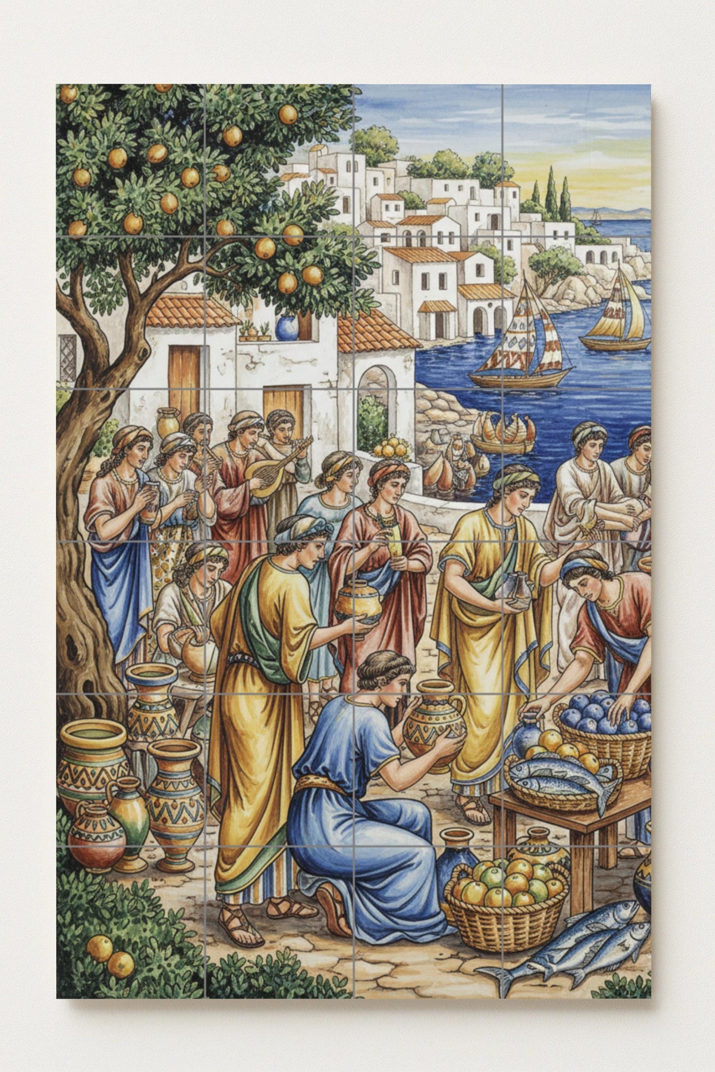Ancient Greek market scene: ceramic mural / Mediterranean village tile panel / Classic wall decoration handmade in Spain