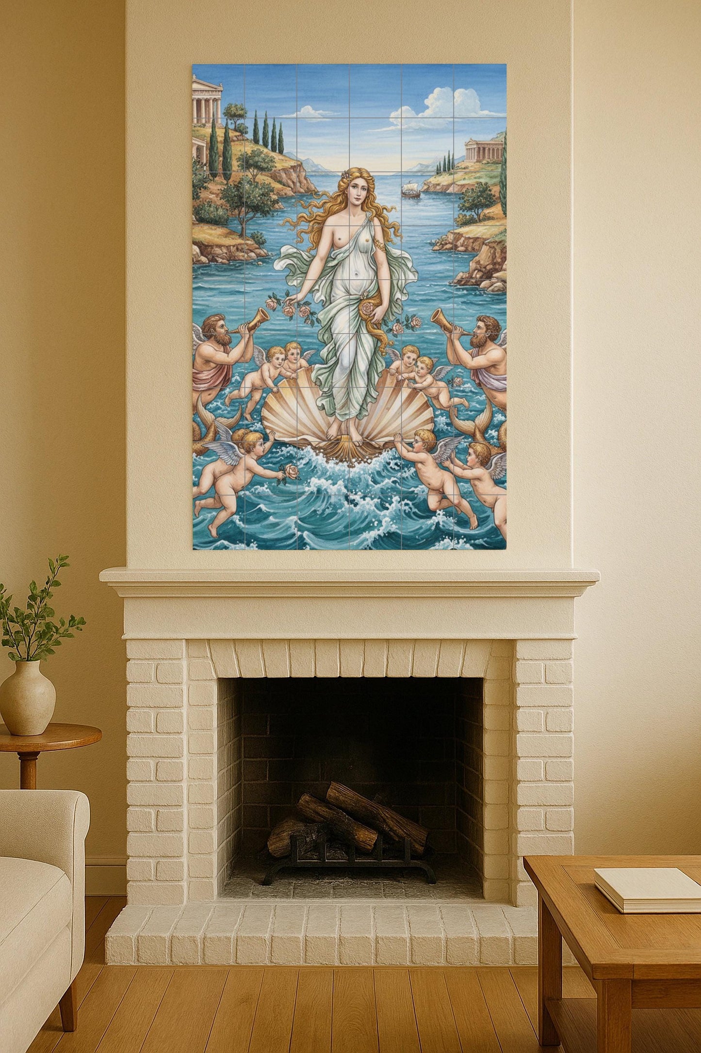 Ceramic mural The birth of Aphrodite, Greek goddess of love emerging from the sea