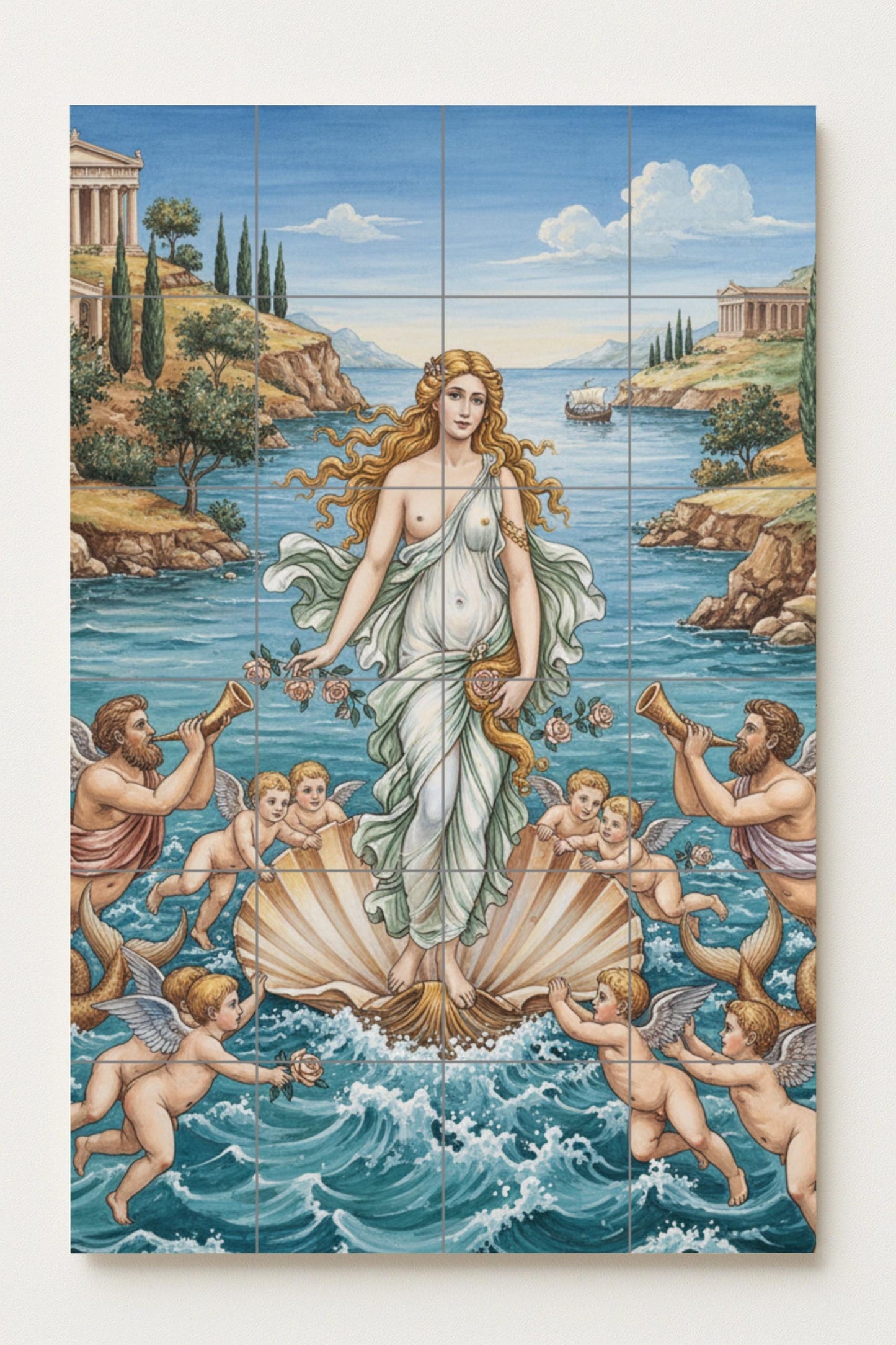 Ceramic mural The birth of Aphrodite, Greek goddess of love emerging from the sea