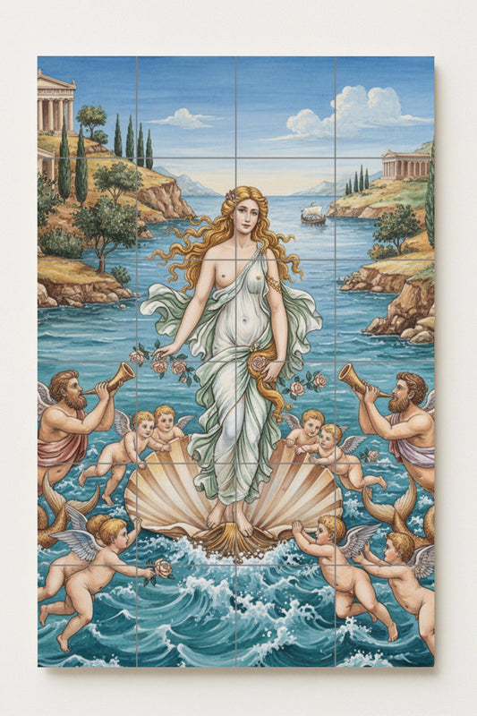 Ceramic mural The birth of Aphrodite, Greek goddess of love emerging from the sea