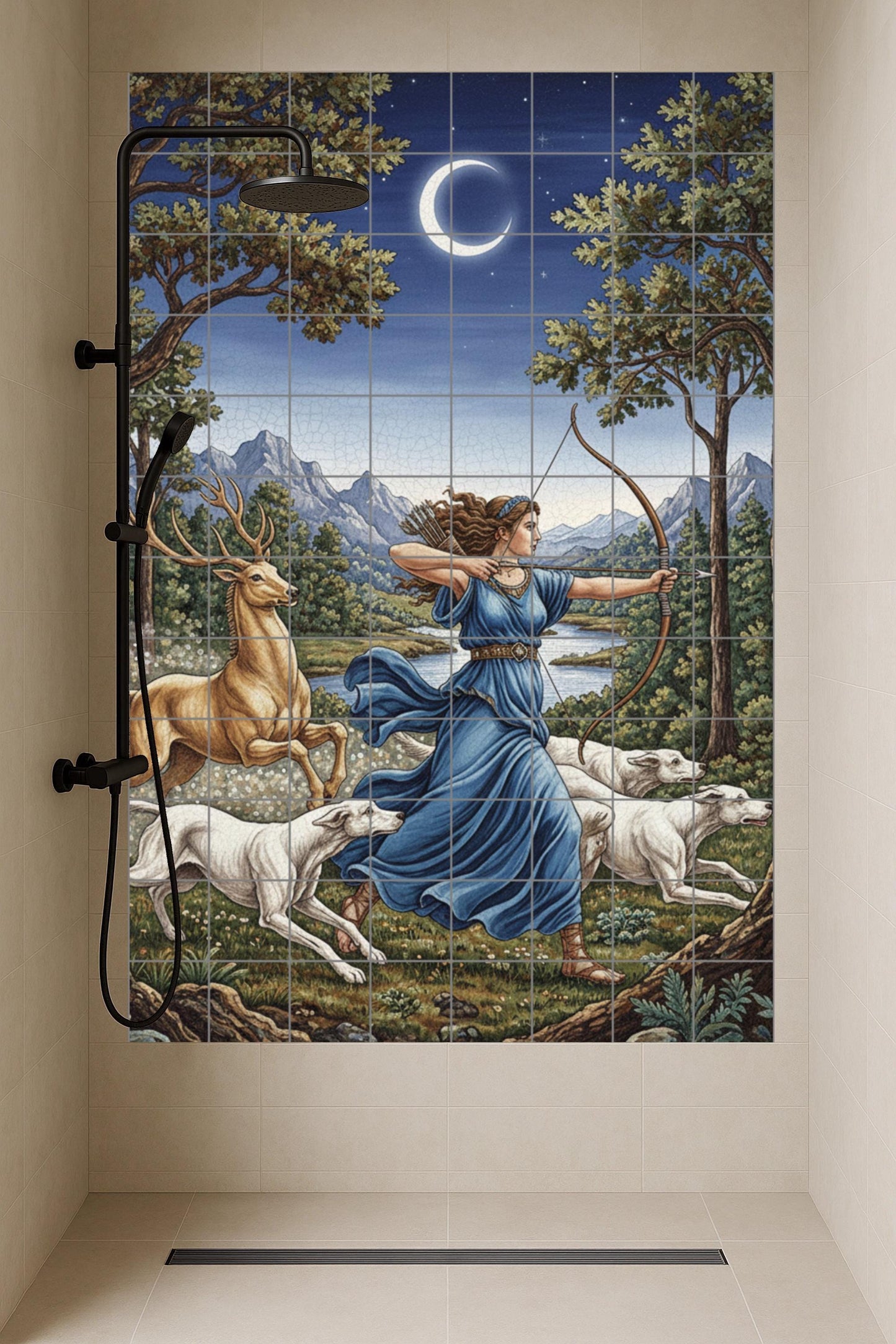 Ceramic mural of Artemis the Huntress, Greek goddess of the Moon, with deer and hounds under a crescent sky.