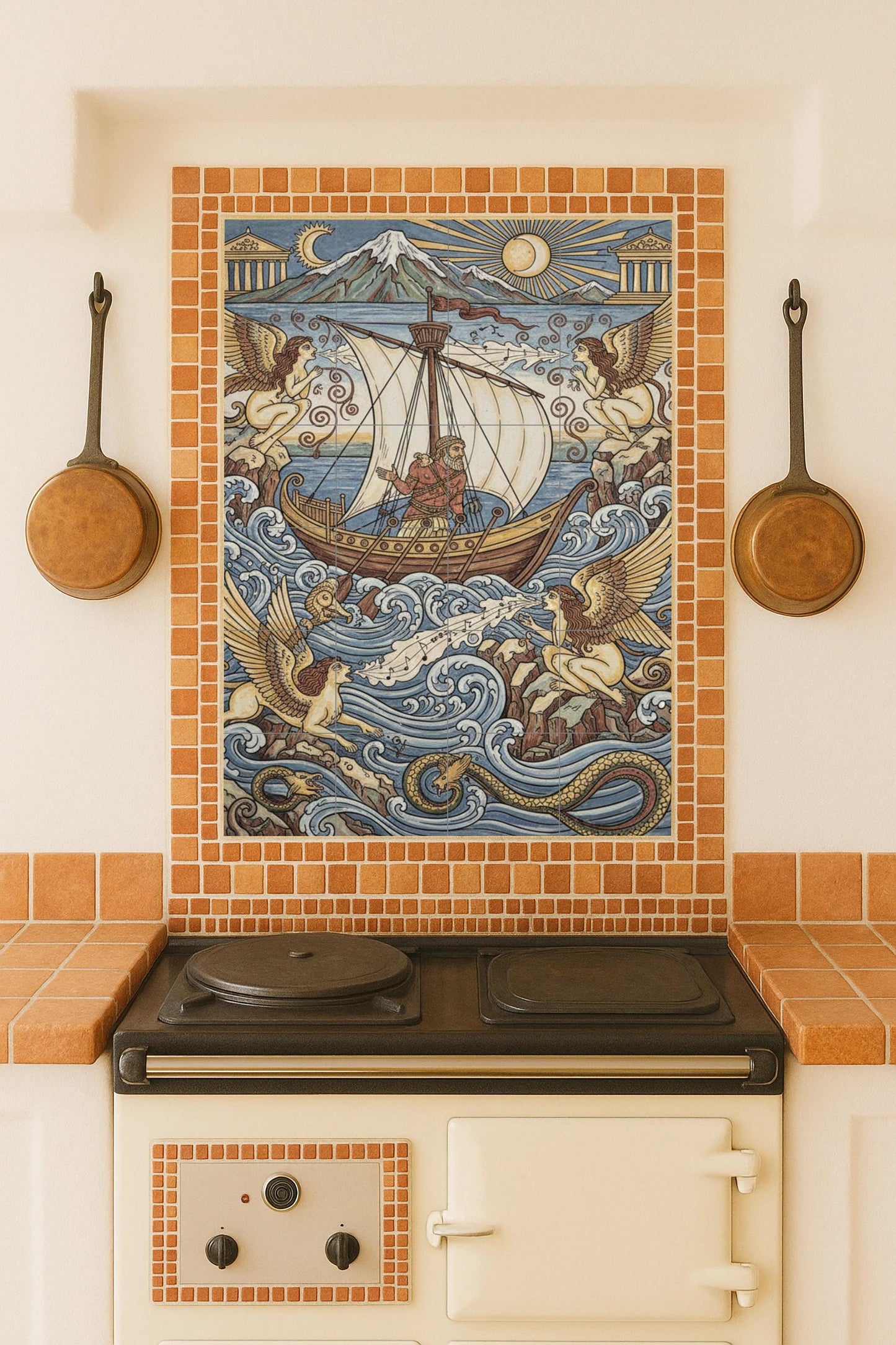 Odysseus and the Sirens: Greek ceramic mural with mythical sea, temples and winged creatures