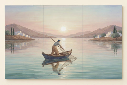 Fisherman at dawn: Mediterranean ceramic mural with serene sea, reflections of dawn, a Greek village and a tranquil coastal landscape.