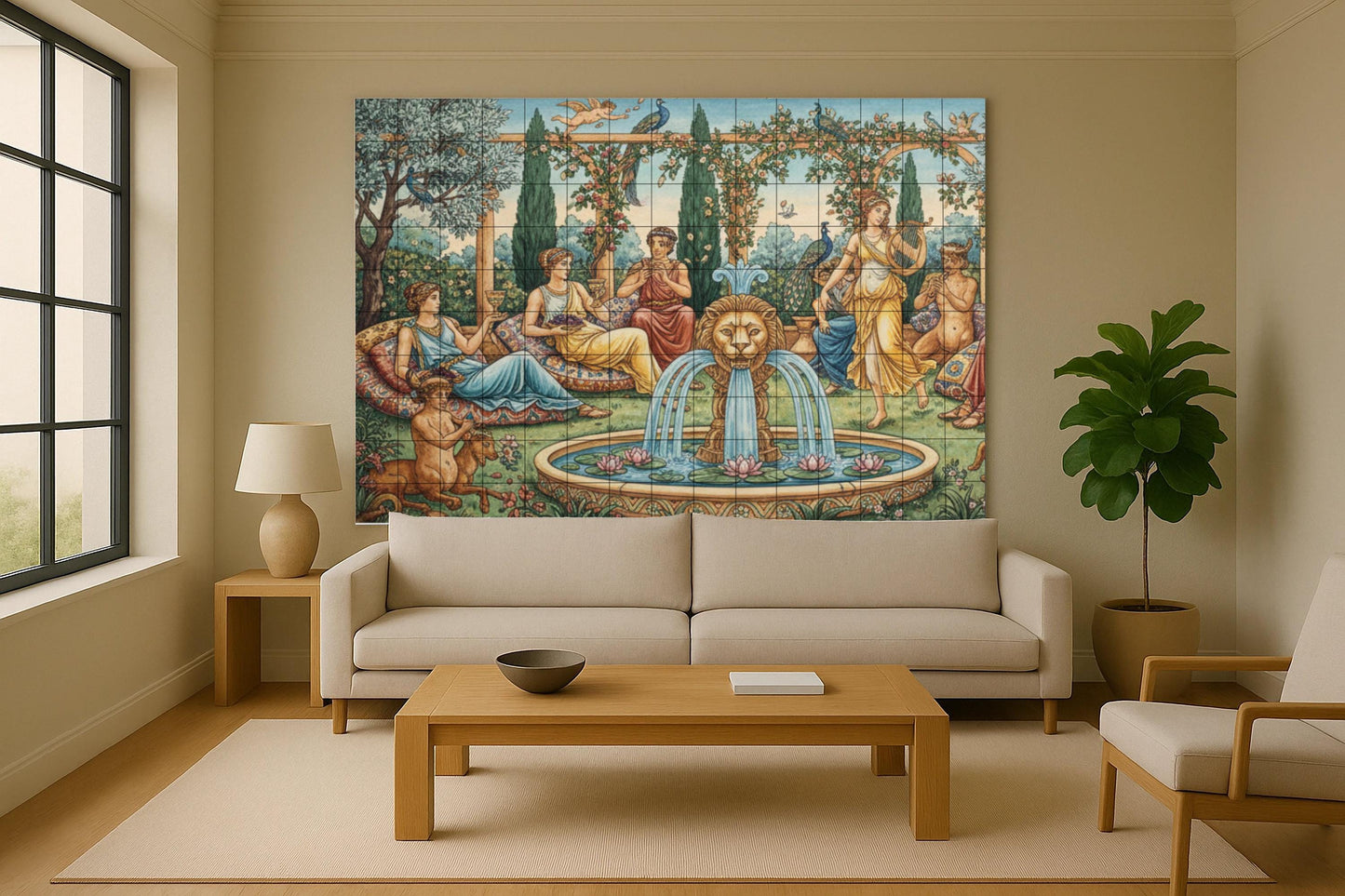 Garden of Dionysus: Ceramic mural of classical mythology with a fountain of lions, nymphs, peacocks and a lyrical banquet in bloom.