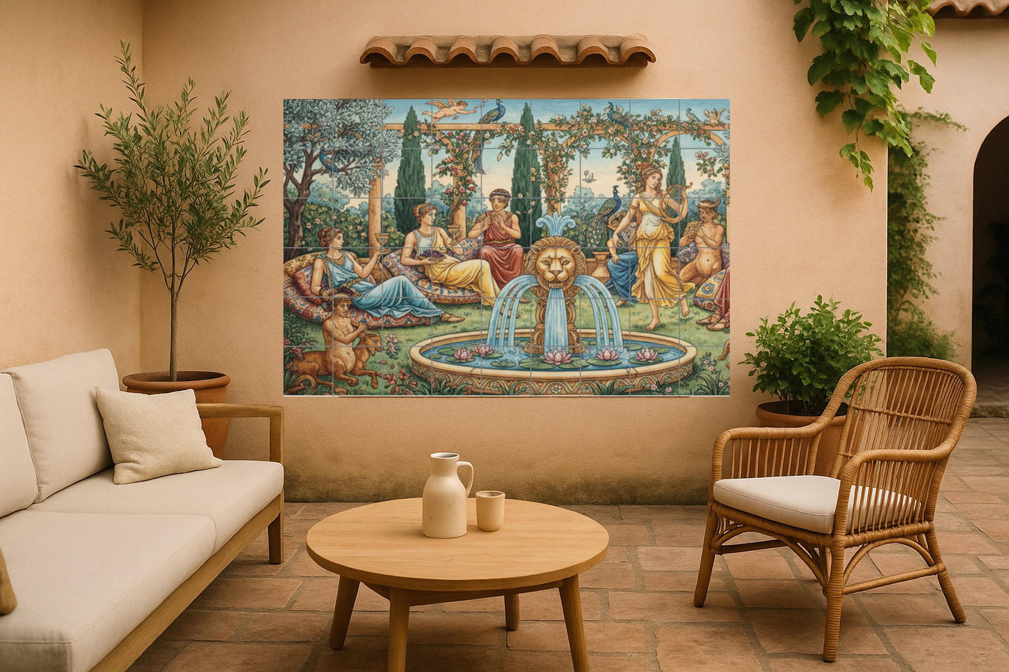 Garden of Dionysus: Ceramic mural of classical mythology with a fountain of lions, nymphs, peacocks and a lyrical banquet in bloom.
