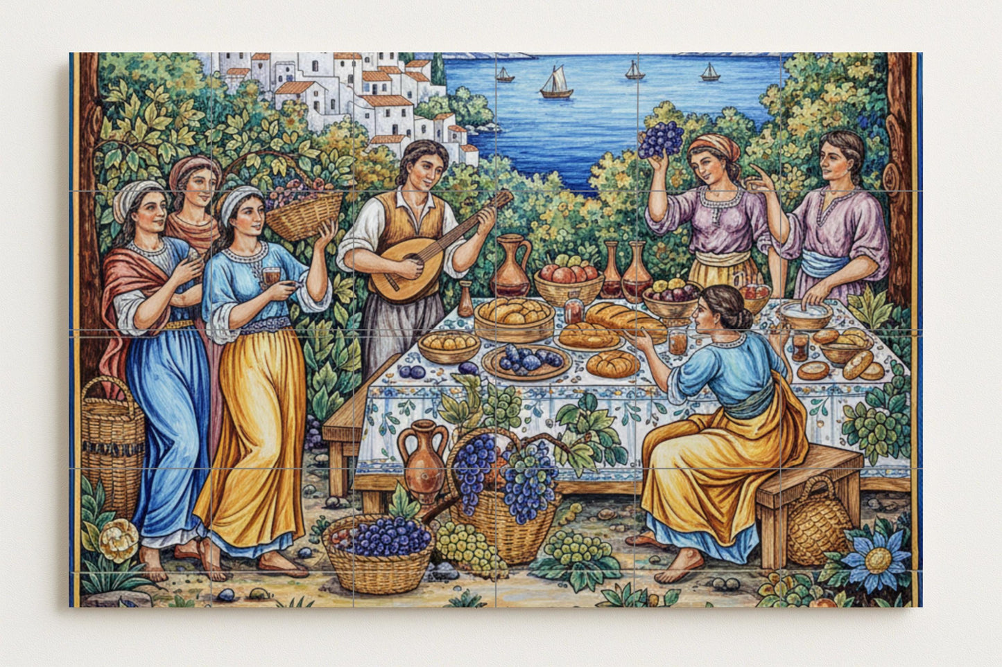 Mediterranean Festival – Ceramic Mural with Vineyard Gathering, Folk Musicians, Coastal Village and Table of Grapes and Bread