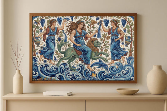 The Maenads of the Sea – Classic mythological ceramic mural with ocean waves, vines, dolphins and the lion of Dionysus