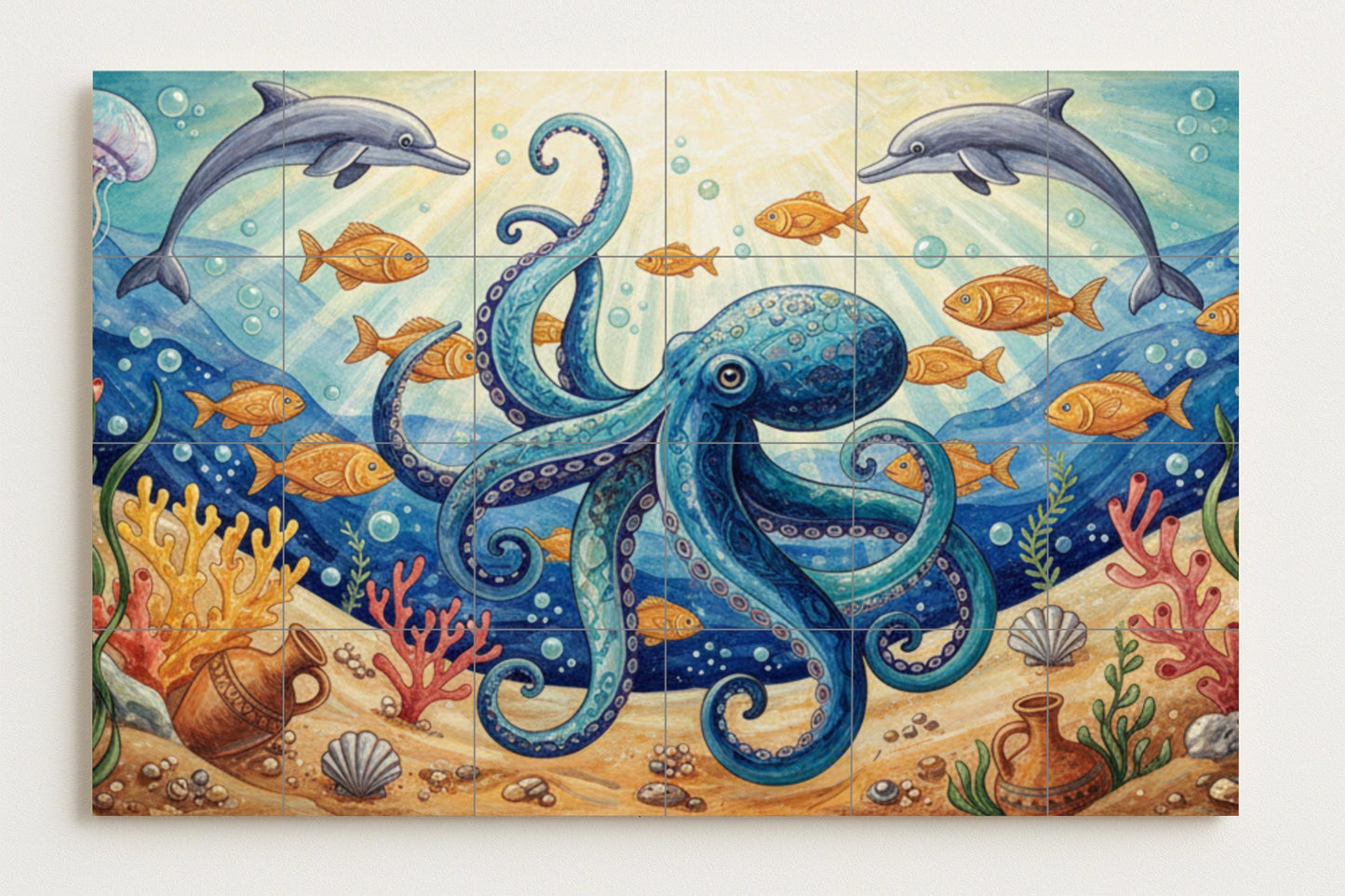 Octopuses and dolphins: Underwater ceramic mural with coral reef, goldfish, amphorae and marine life illuminated by the sun.
