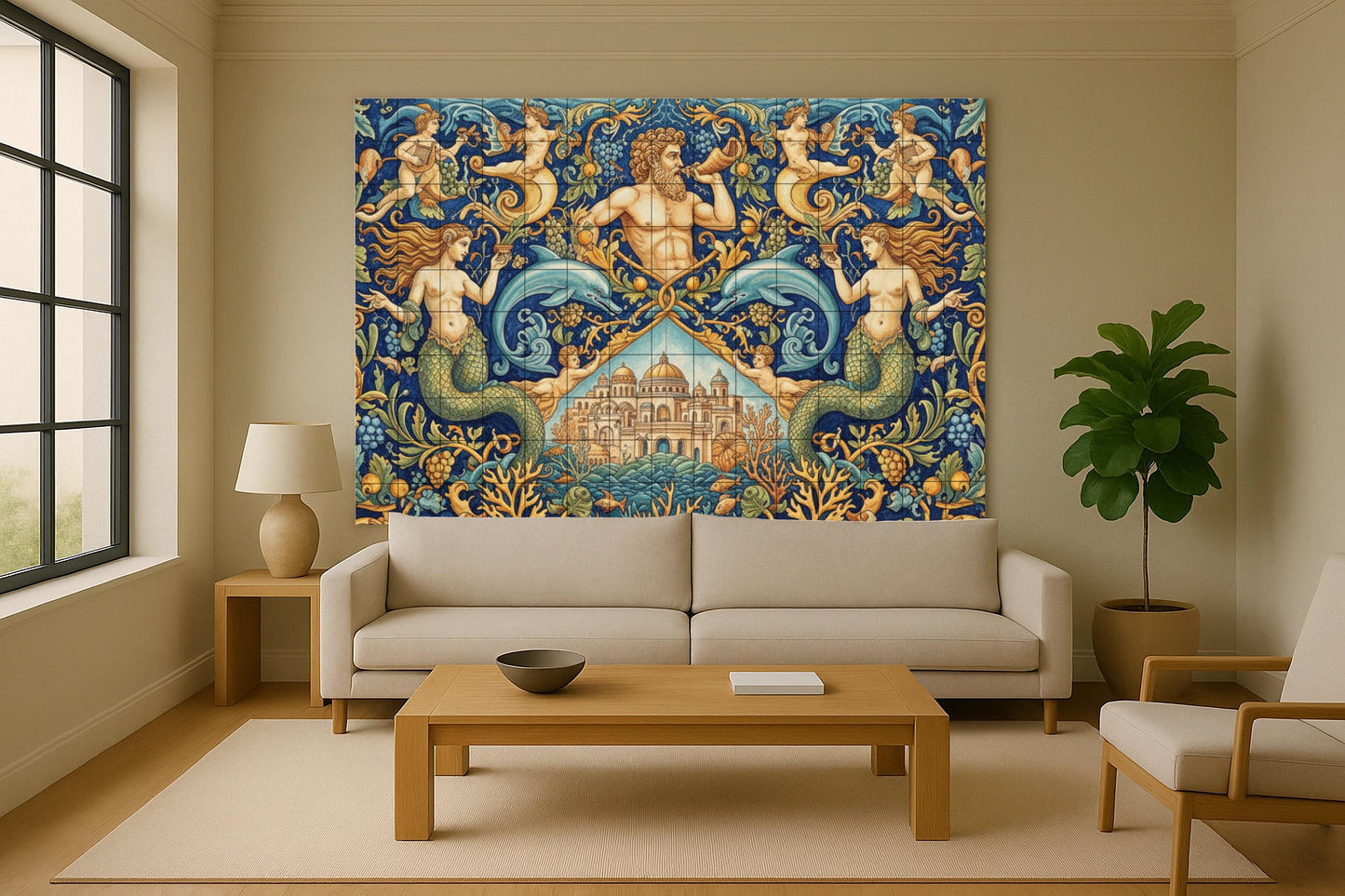 King of the Sea – Mythological ceramic mural with mermaids, dolphins, coral palace and oceanic Renaissance decorations