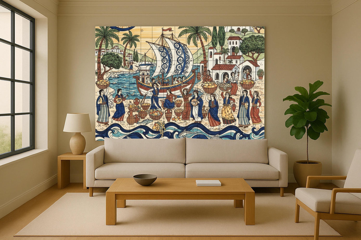 Mediterranean Harvest Festival: Ceramic mural depicting a Greek village, the arrival of a sailboat, a fruit market, musicians, and a coastal celebration.