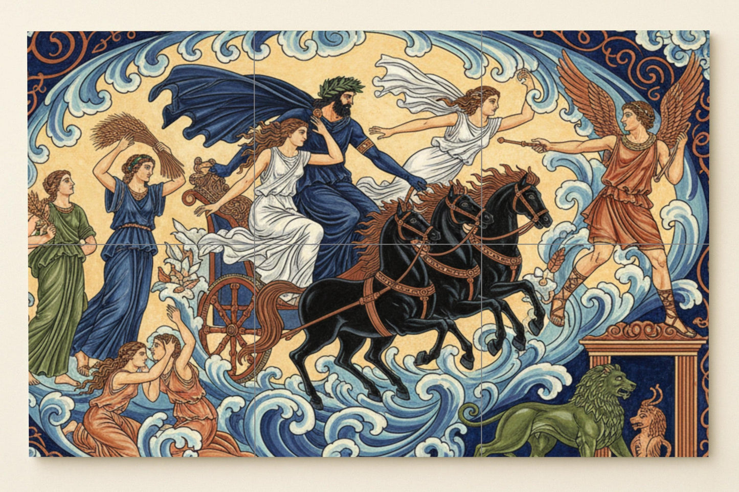 Poseidon's Chariot: Ceramic mural from Greek mythology with sea waves, a winged deity, ocean horses, Demeter's maidens and mythical harmony.