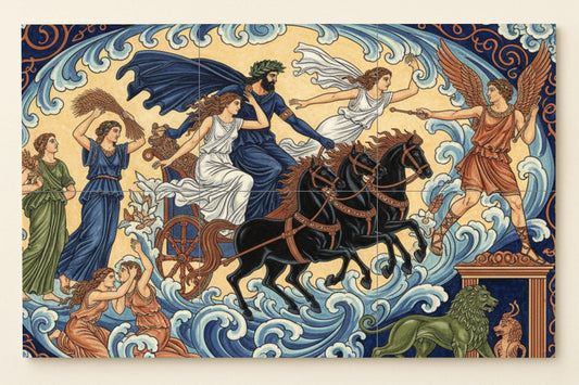 Poseidon's Chariot: Ceramic mural from Greek mythology with sea waves, a winged deity, ocean horses, Demeter's maidens and mythical harmony.