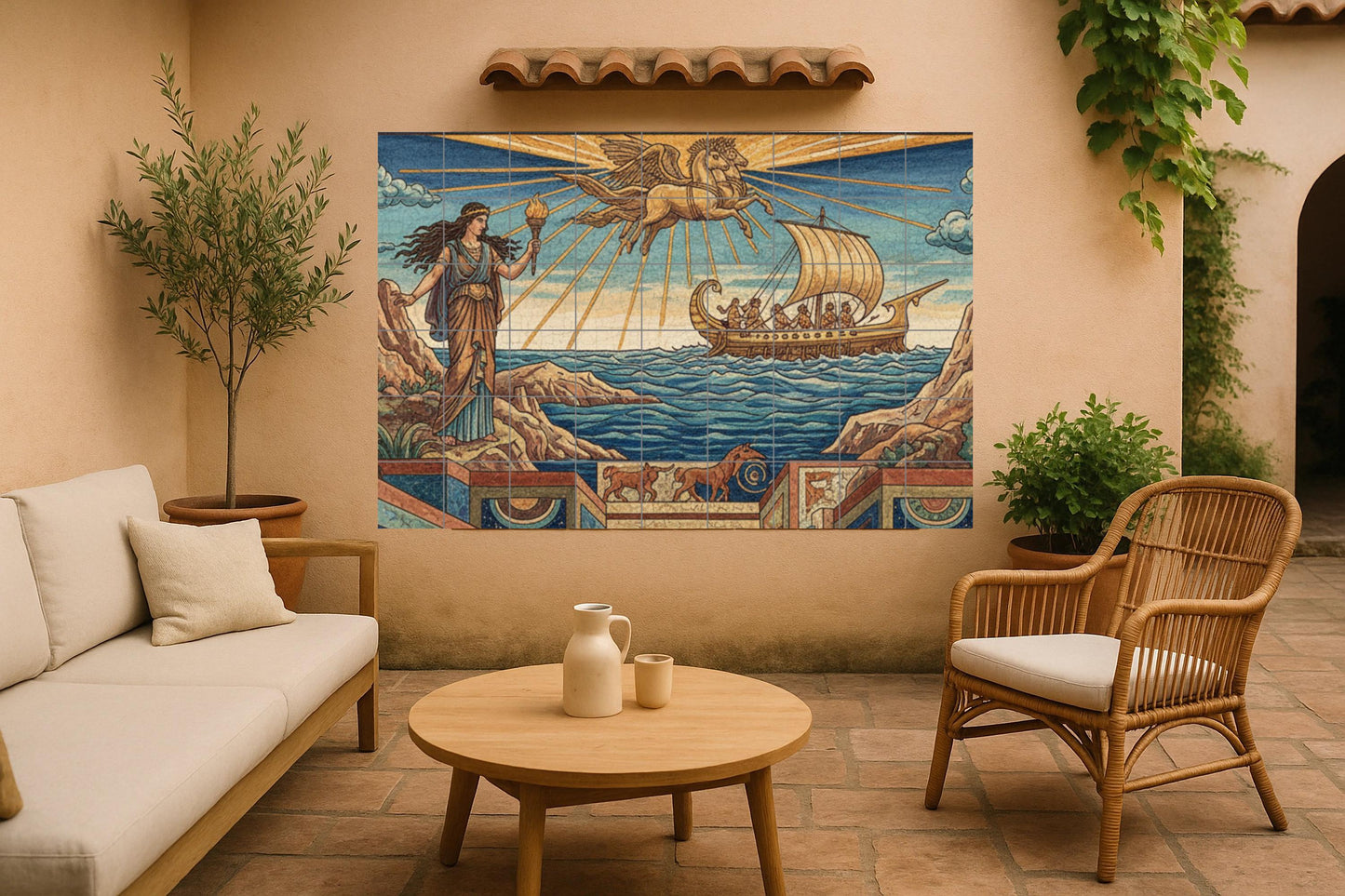 The Journey of Helios: Greek mythological ceramic mural with winged Pegasus, a sunlit ship, a goddess with a torch and an Aegean landscape.