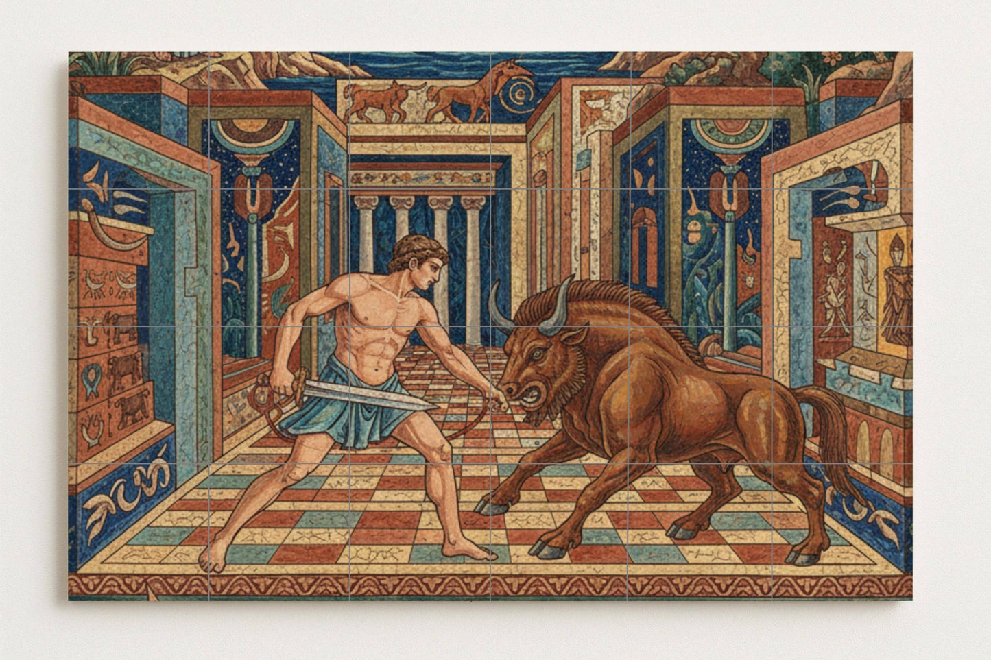 Theseus and the Minotaur: Ceramic mural of a Greek labyrinth with mythical hero, bronze palace, Cretan motifs and Minoan decorations.