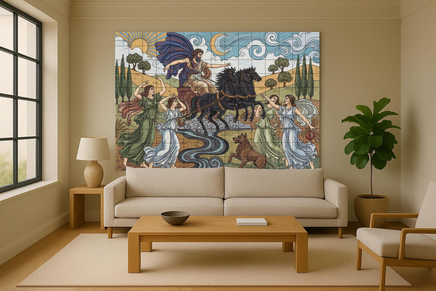 The abduction of Persephone: Greek mythological ceramic mural with Hades' chariot, nymphs, a pomegranate and the cycle of the seasons.