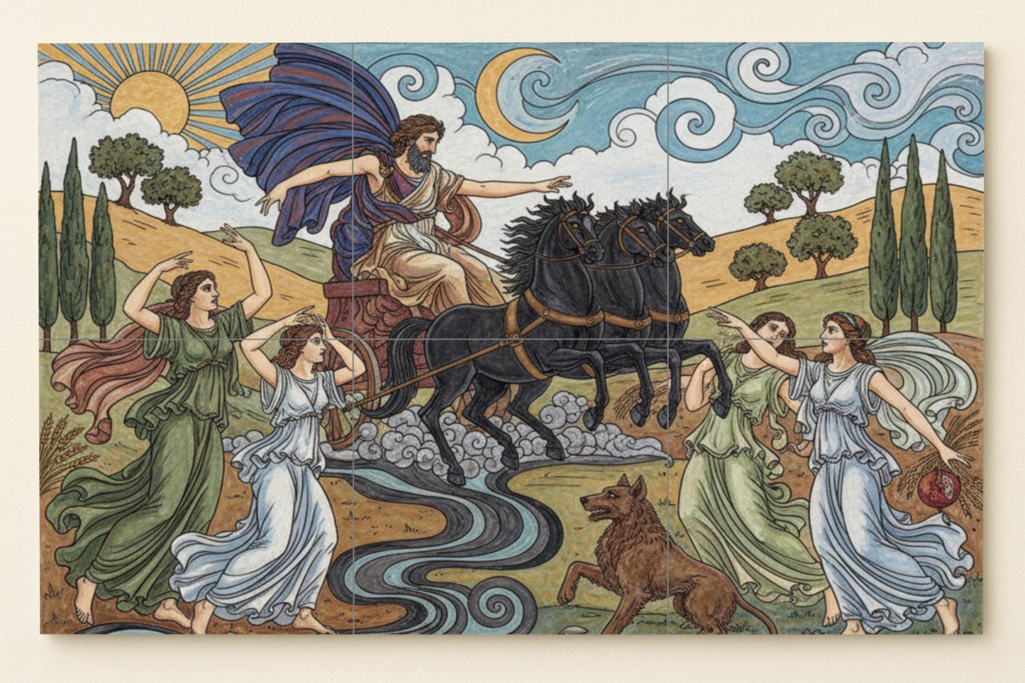 The abduction of Persephone: Greek mythological ceramic mural with Hades' chariot, nymphs, a pomegranate and the cycle of the seasons.