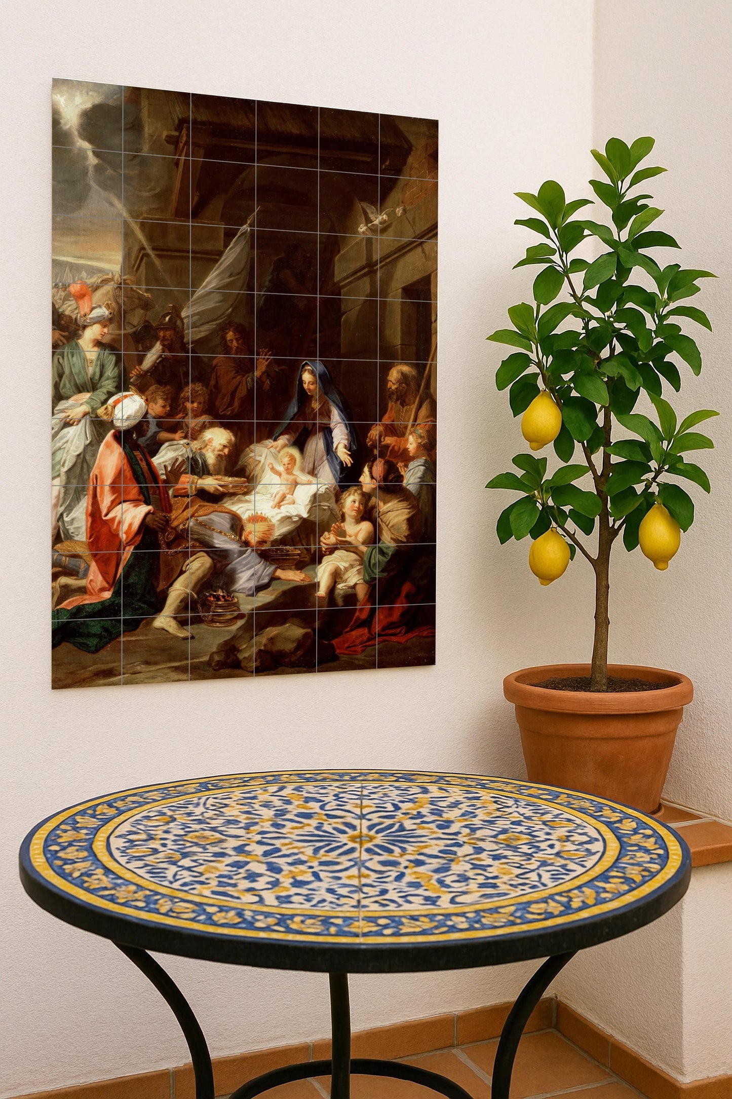 Adoration of the Magi – Religious ceramic mural of the Three Wise Men and the Holy Family / Classic Christian mural art of the Nativity scene