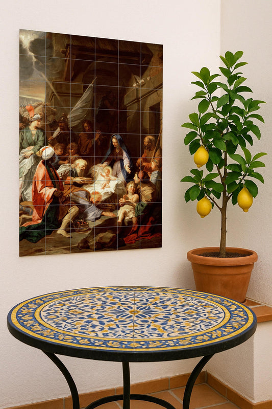 Adoration of the Magi – Religious ceramic mural of the Three Wise Men and the Holy Family / Classic Christian mural art of the Nativity scene