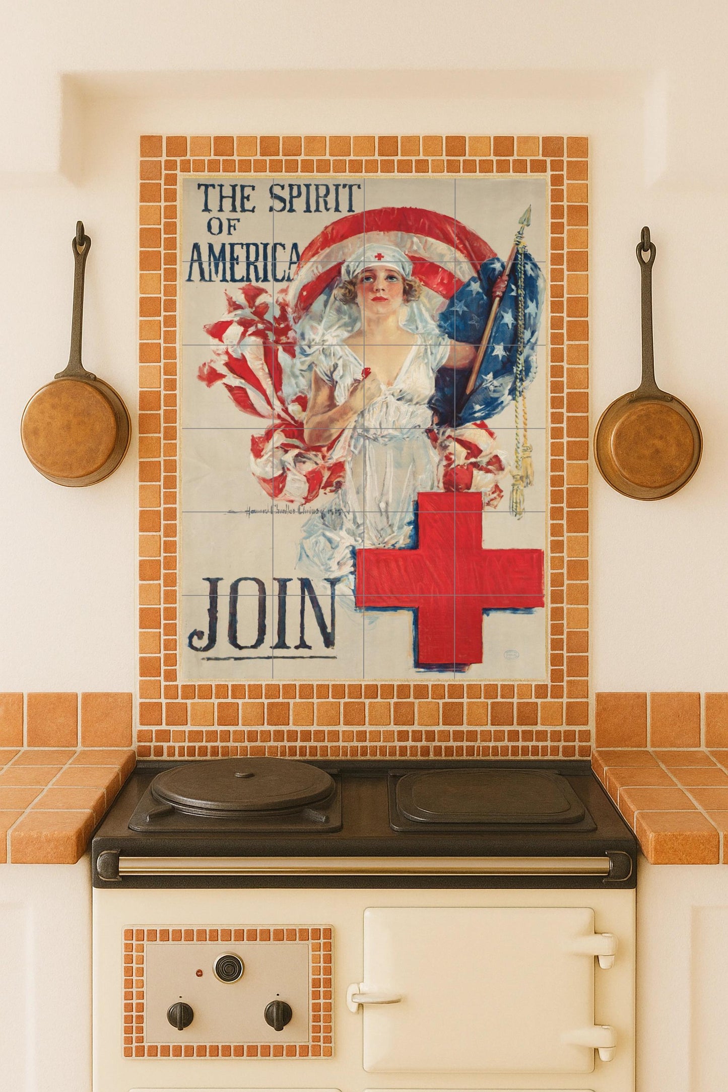 Spirit of America: Vintage Patriotic Ceramic Mural / Red Cross Poster for Retro Interiors and Collectors