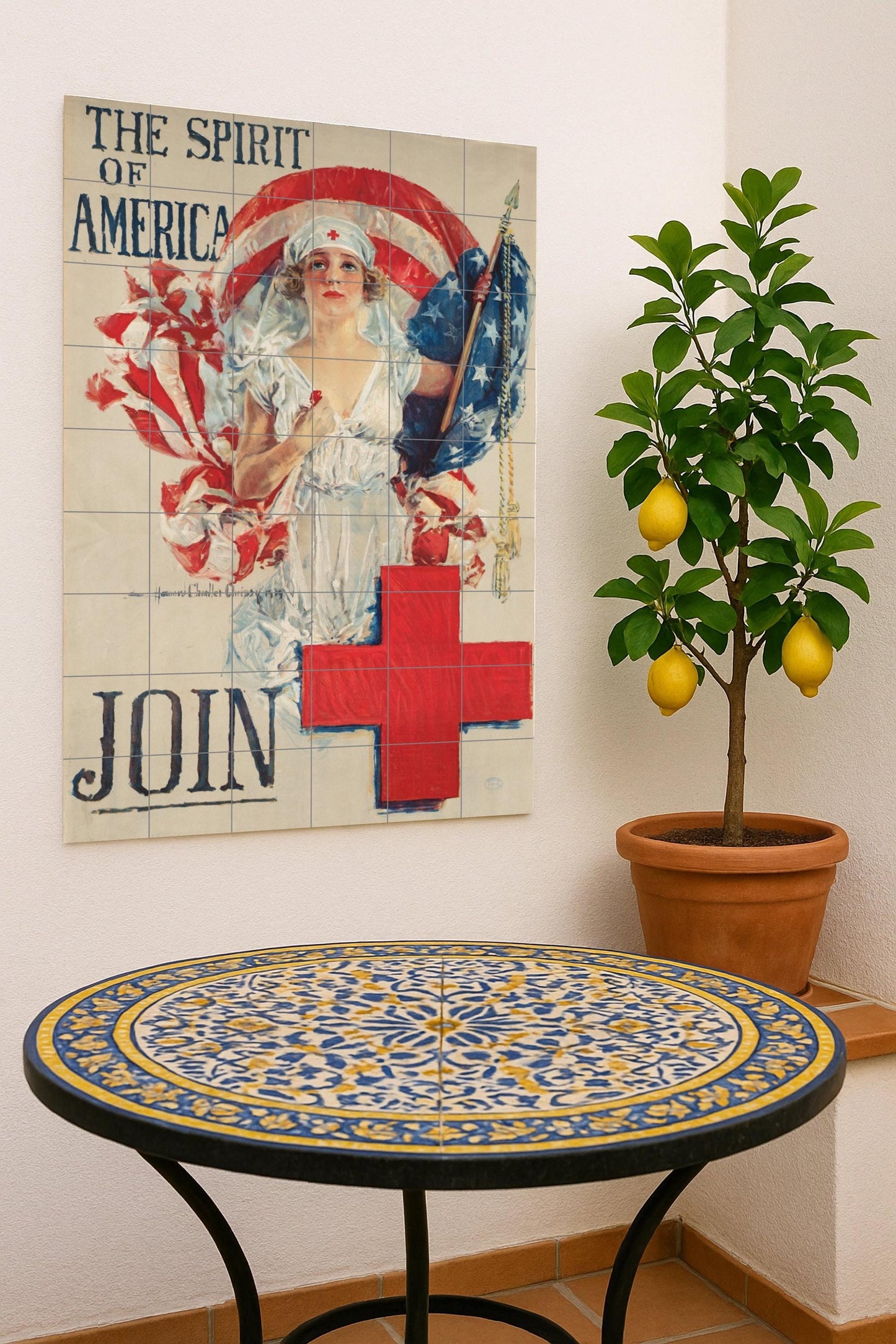 Spirit of America: Vintage Patriotic Ceramic Mural / Red Cross Poster for Retro Interiors and Collectors