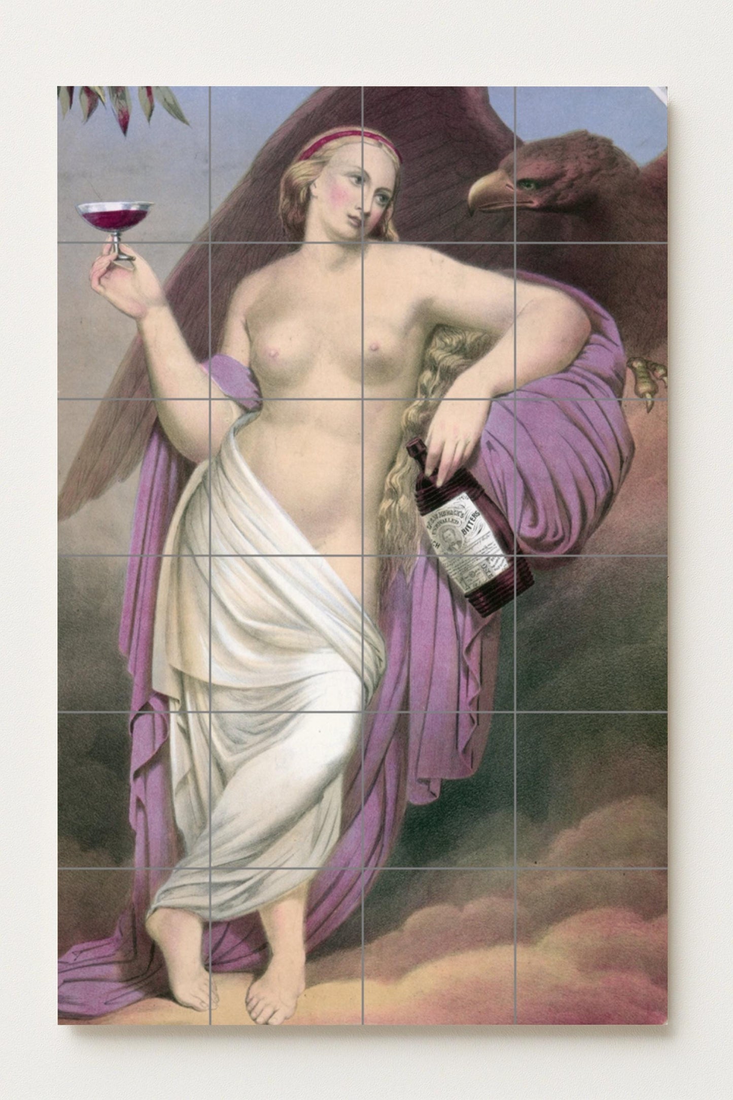 Mythical Elegance – Classic Ceramic Mural of a Woman with Chalice and Eagle / Allegorical Wall Art for Refined Interiors