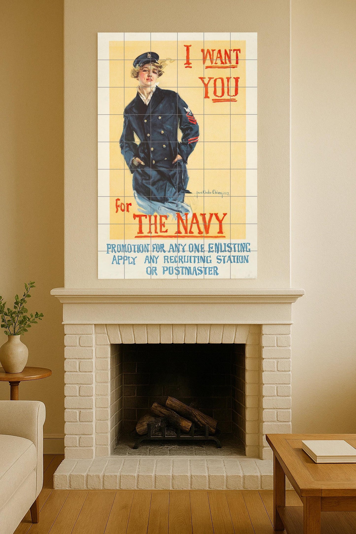 I Want You for the Navy – Howard Chandler Christy ceramic mural, 1917 US Navy recruitment poster, in vintage patriotic style.