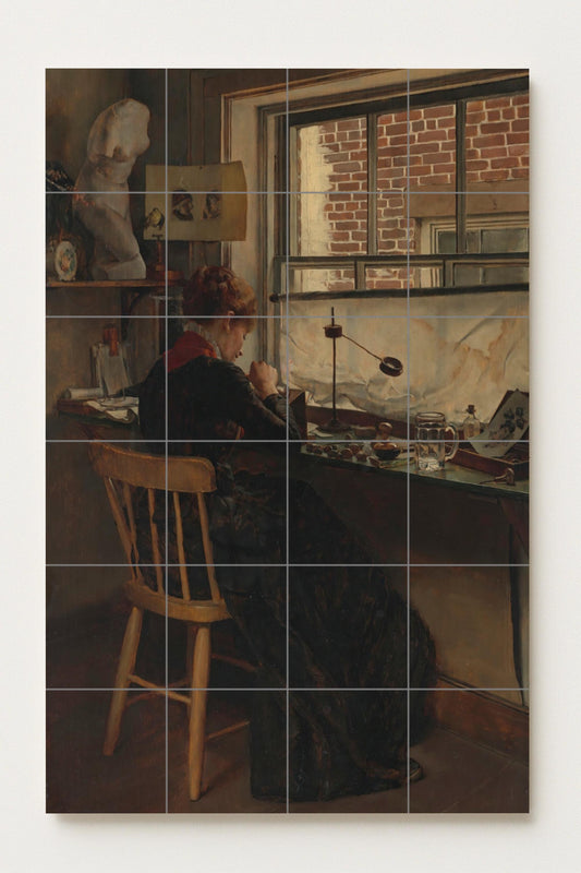The Studio – Ceramic mural of a woman by the window / Artistic and serene mural art for creative and welcoming interiors