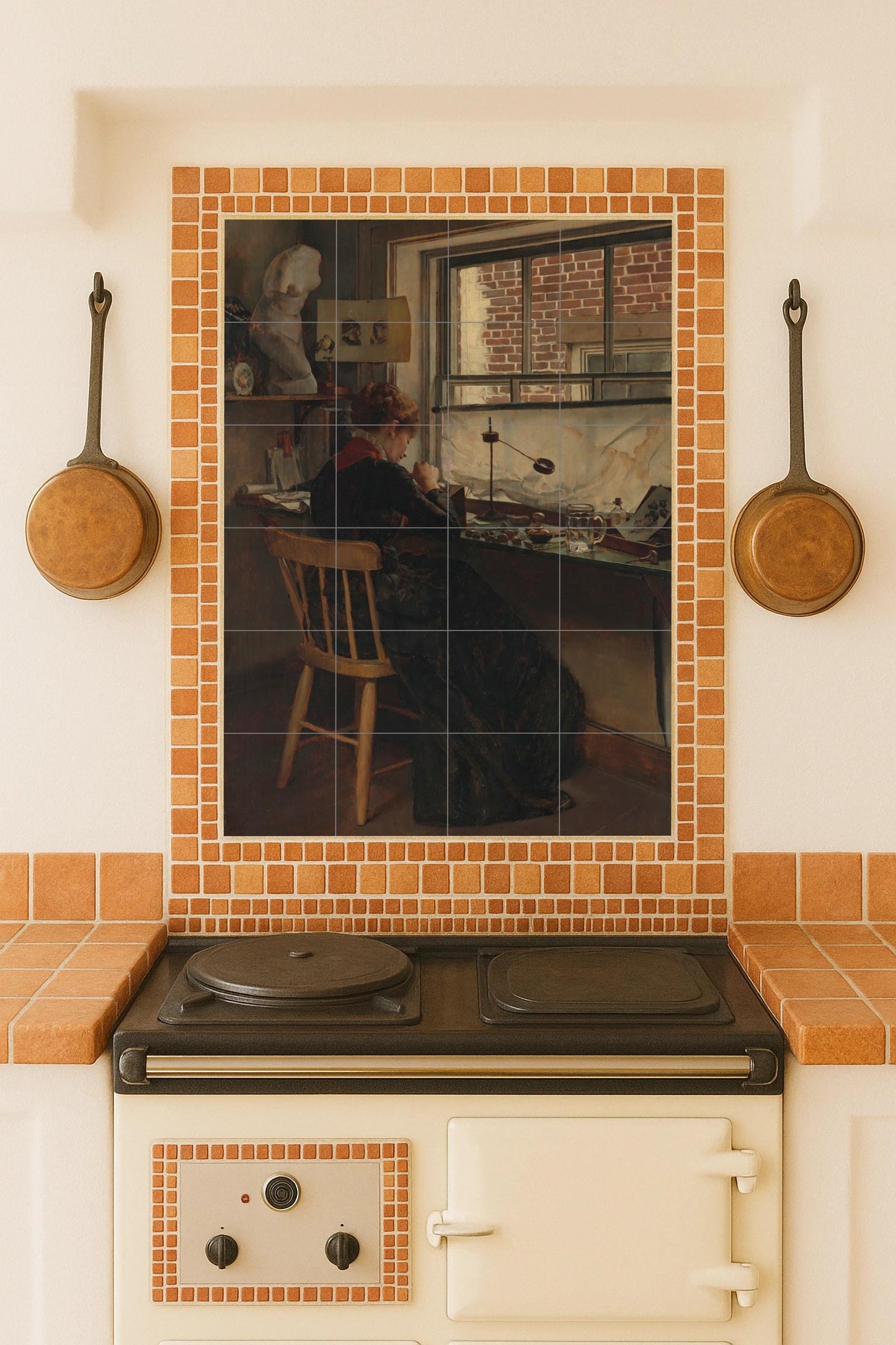 The Studio – Ceramic mural of a woman by the window / Artistic and serene mural art for creative and welcoming interiors